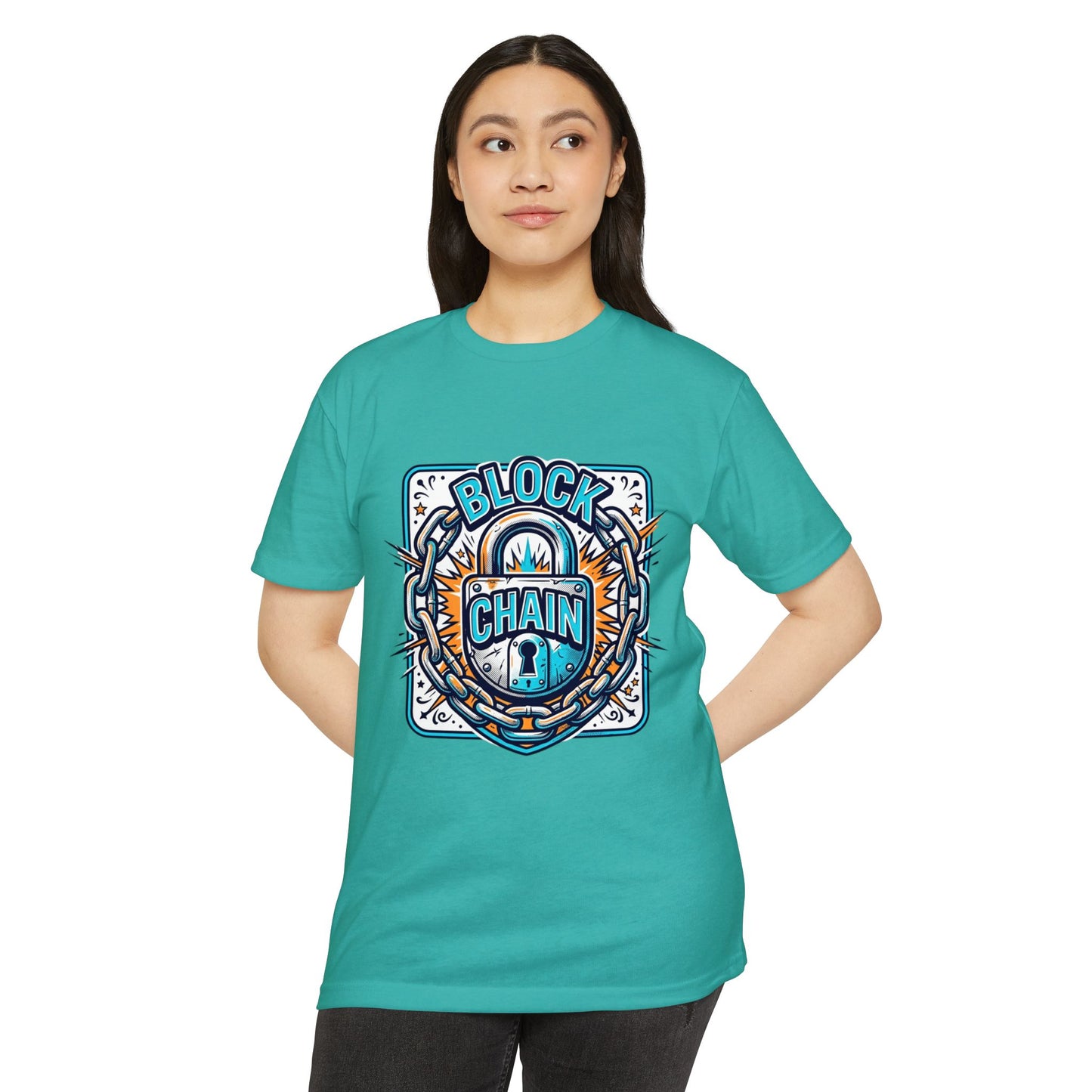 Camiseta Blockchain Shield — Camiseta retro con gráfico de candado y cadena de criptomonedas