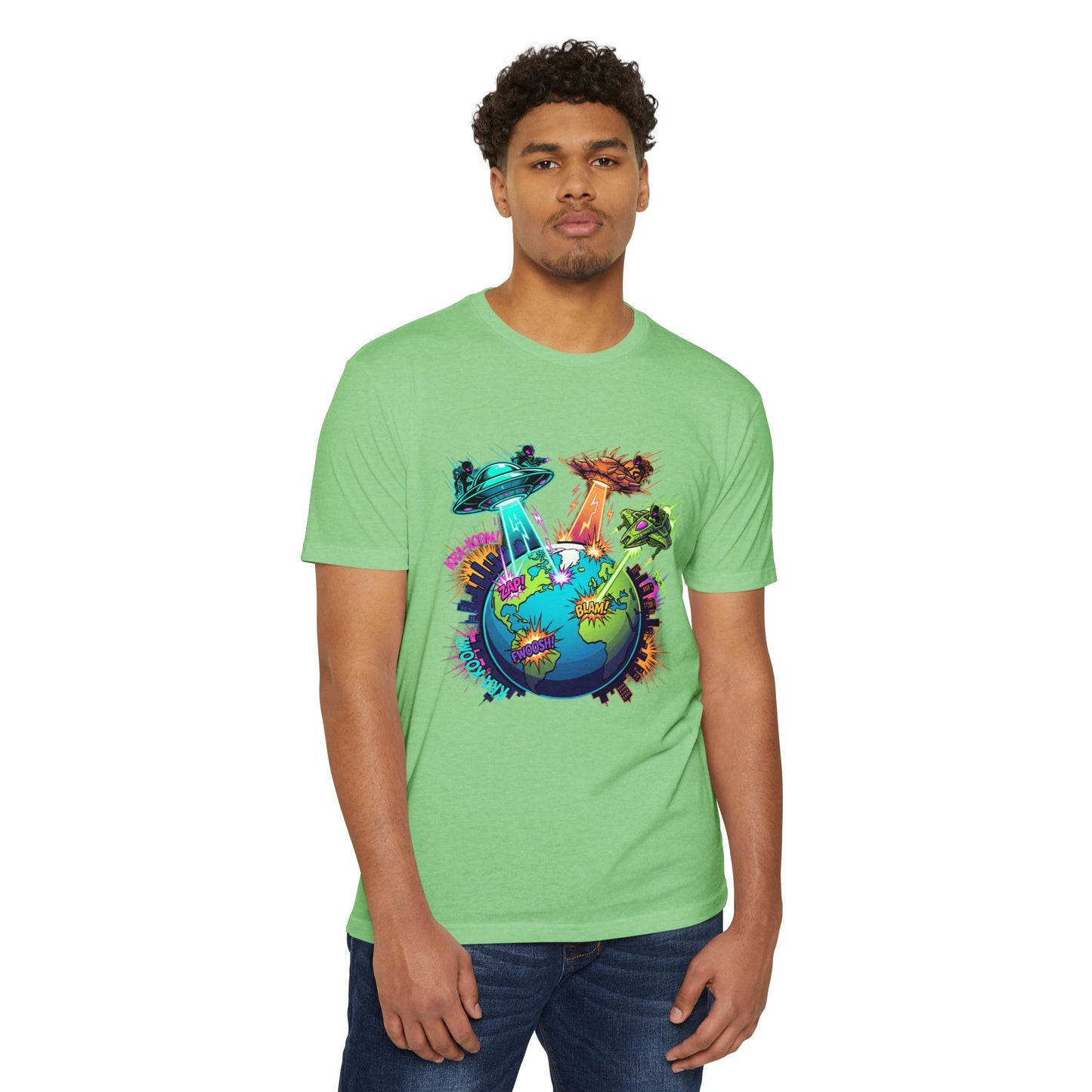 Alien Invasion Earth Graphic T-Shirt — UFOs Abducting Cities Art Tee