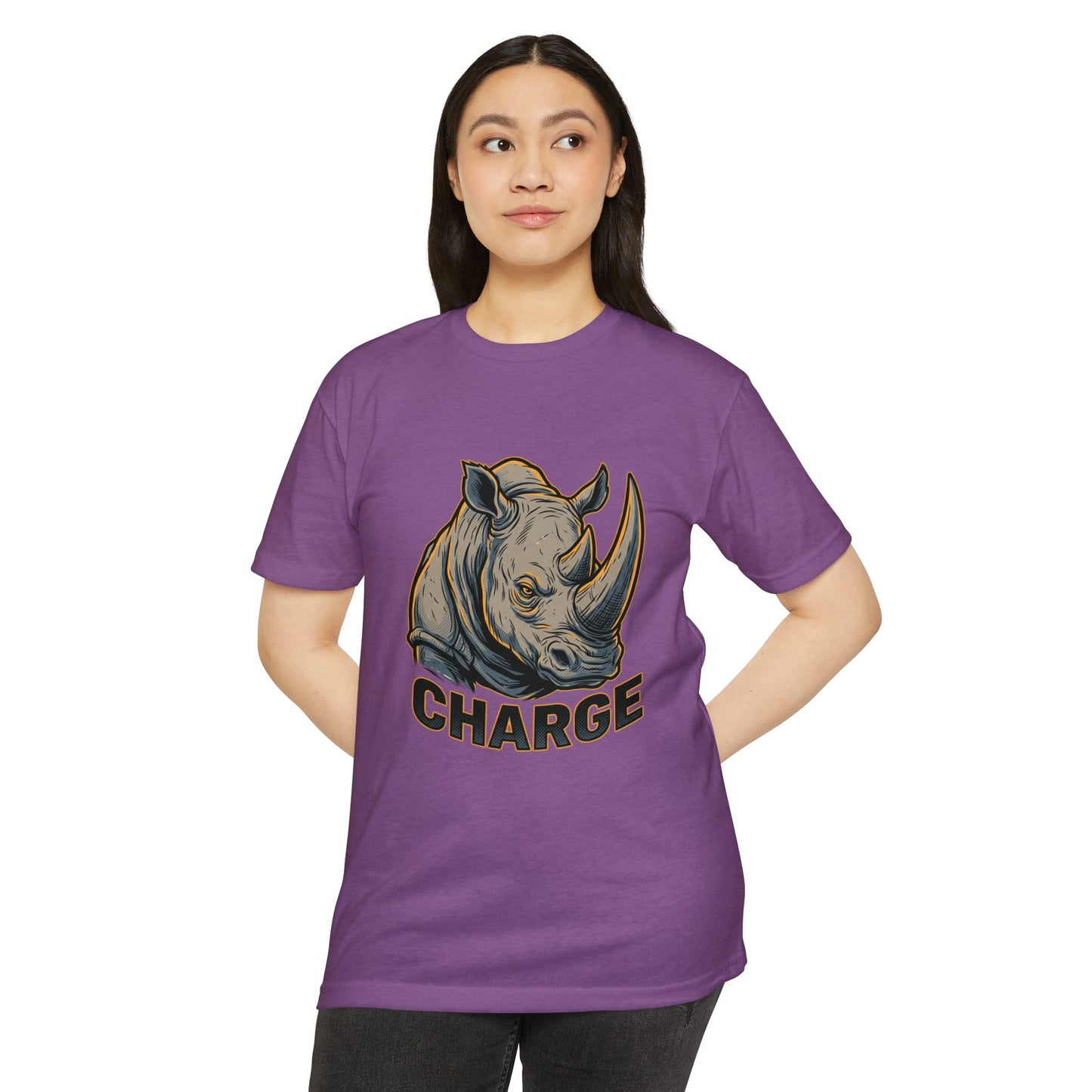 Rhino Charge Graphic T-Shirt — Bold Wildlife Tee with “CHARGE” Design