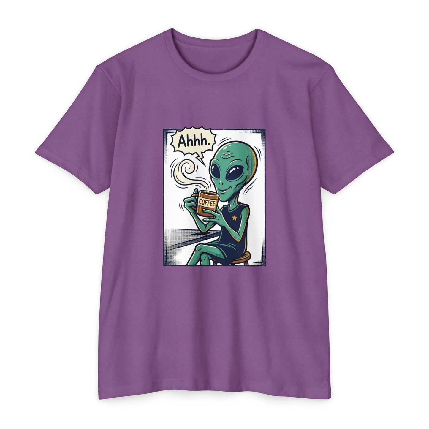 Alien Coffee T-Shirt — "Ahhh" Relaxed Alien Drinking Coffee Graphic Tee