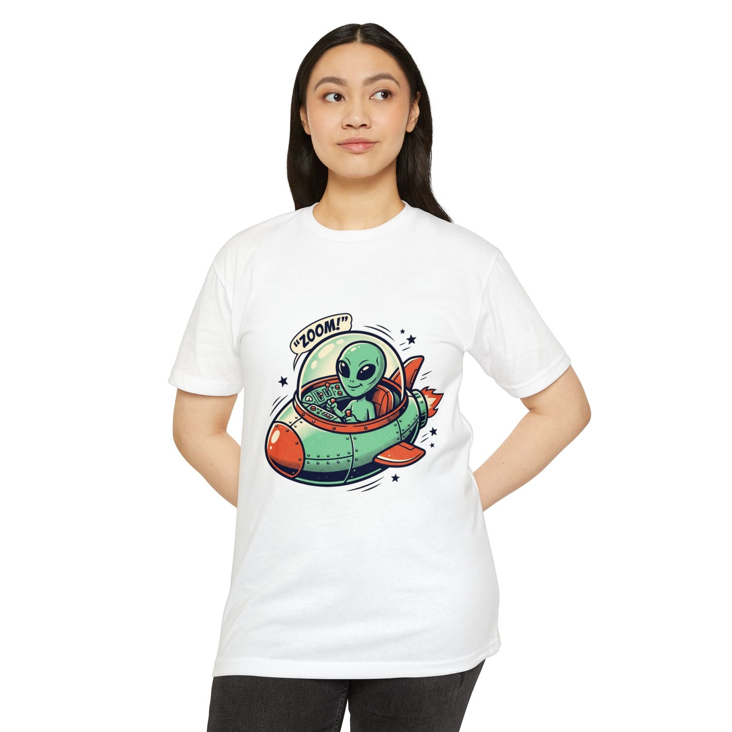 Alien Spaceship T-Shirt — Cute Green Alien Rocket 'Zoom!' Tee