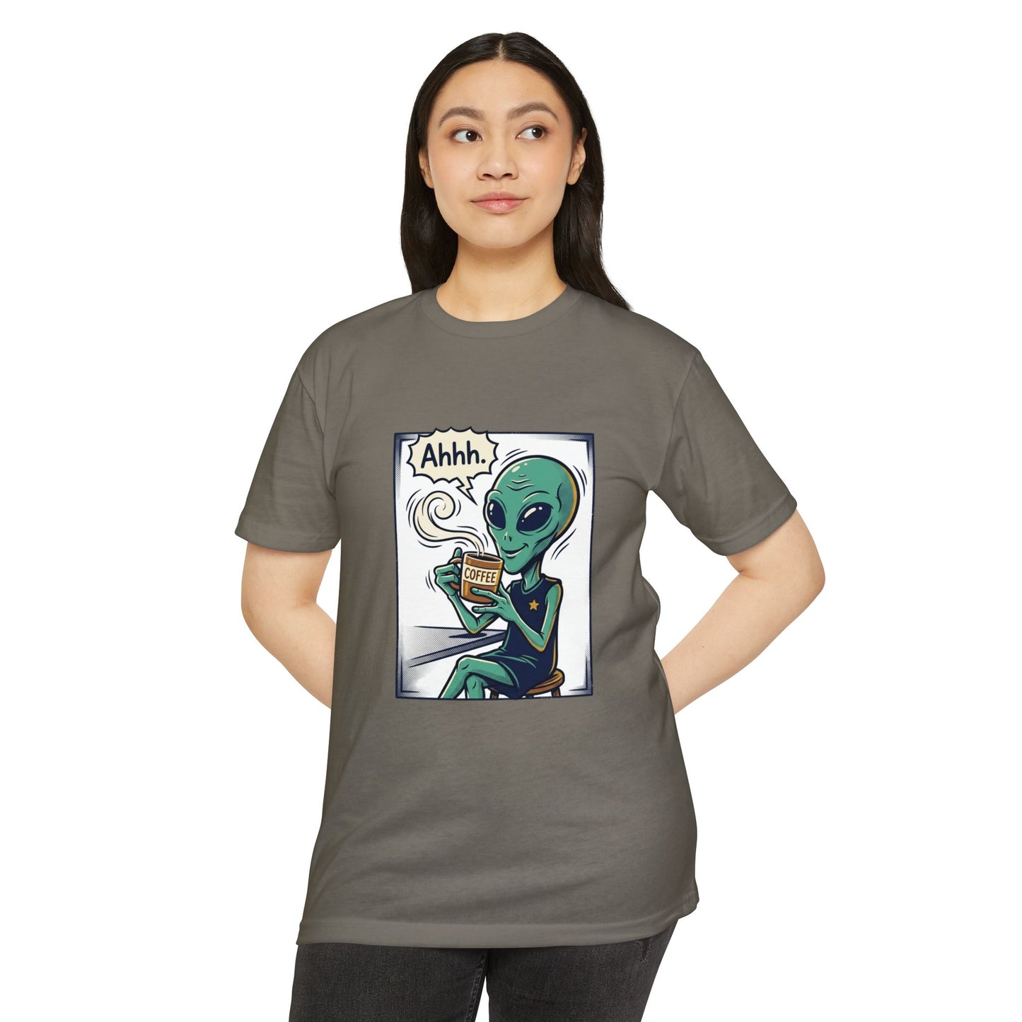Alien Coffee T-Shirt — "Ahhh" Relaxed Alien Drinking Coffee Graphic Tee