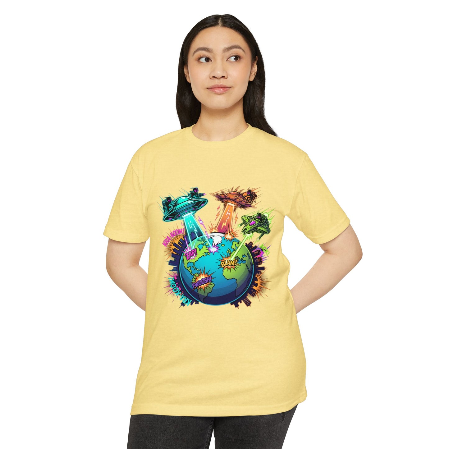 Alien Invasion Earth Graphic T-Shirt — UFOs Abducting Cities Art Tee