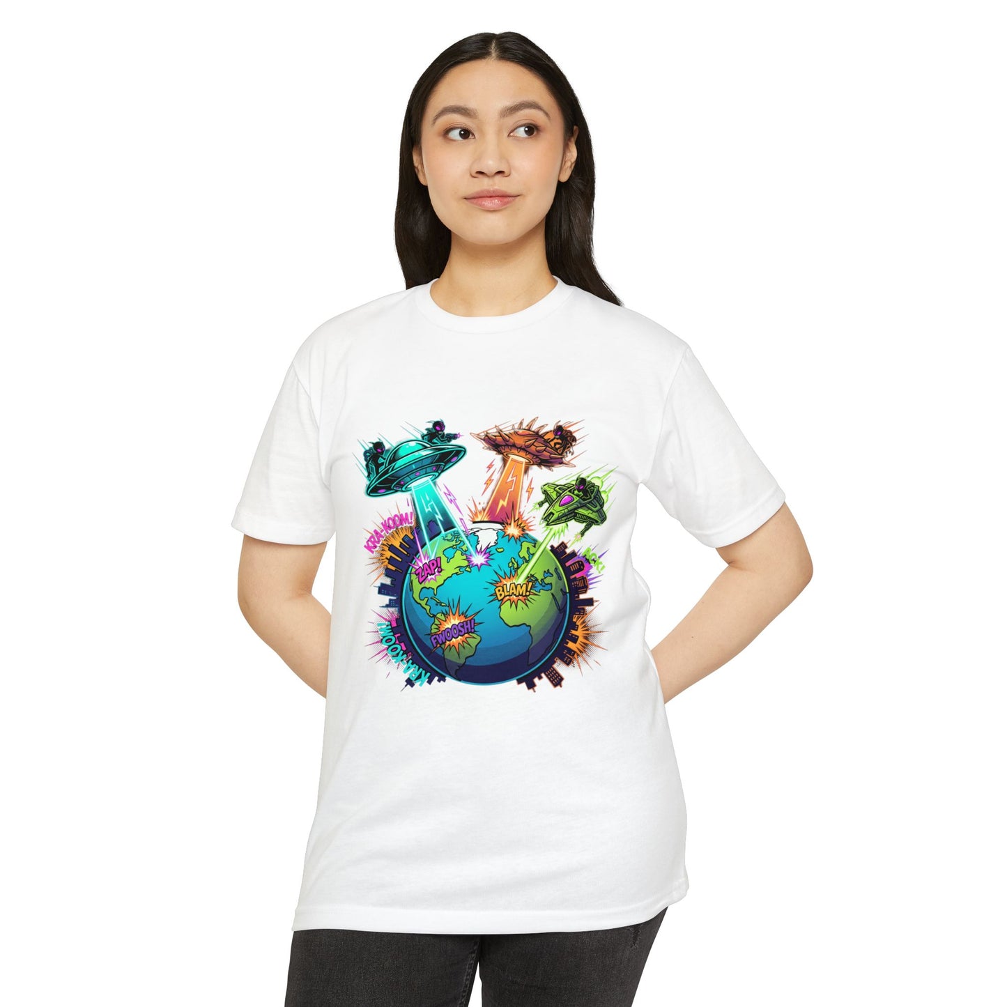 Alien Invasion Earth Graphic T-Shirt — UFOs Abducting Cities Art Tee
