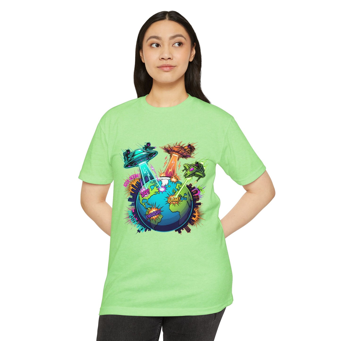 Alien Invasion Earth Graphic T-Shirt — UFOs Abducting Cities Art Tee
