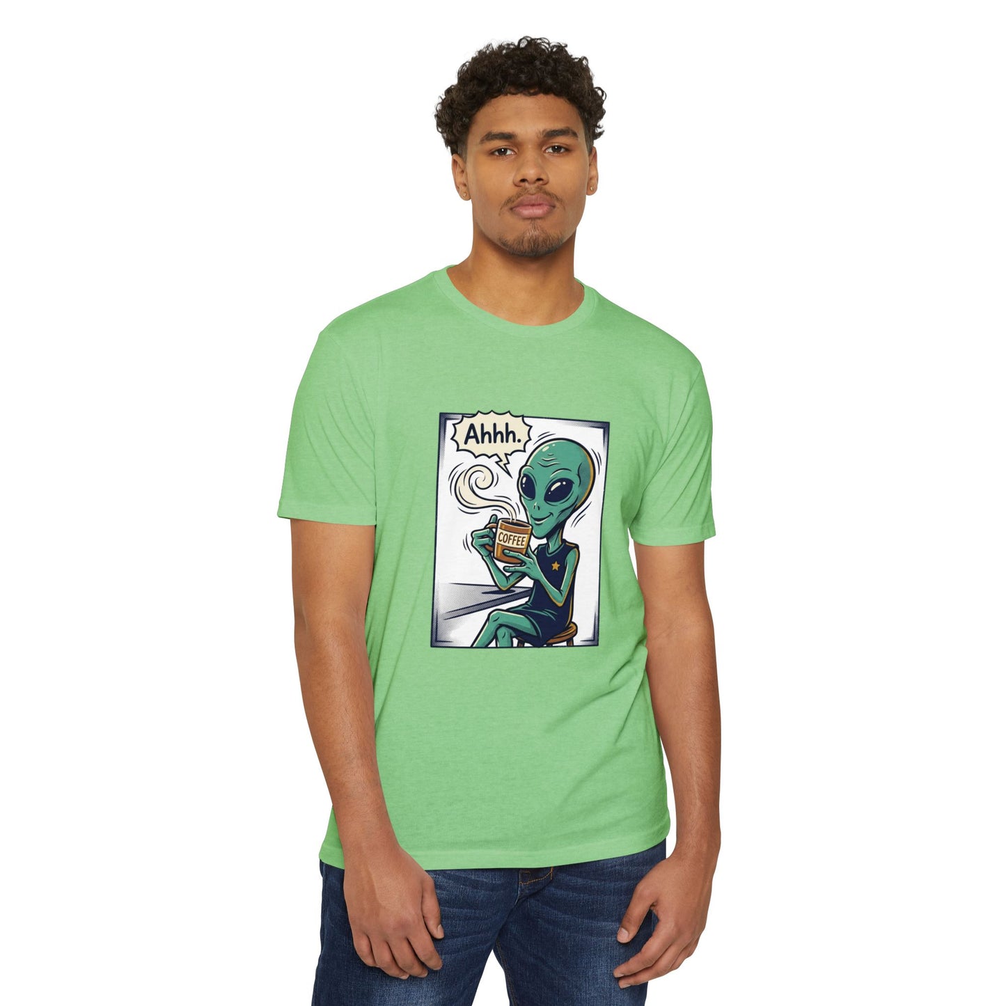 Alien Coffee T-Shirt — "Ahhh" Relaxed Alien Drinking Coffee Graphic Tee