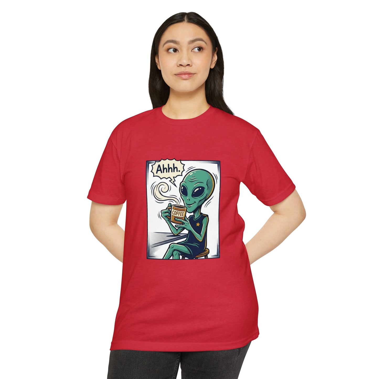 Alien Coffee T-Shirt — "Ahhh" Relaxed Alien Drinking Coffee Graphic Tee