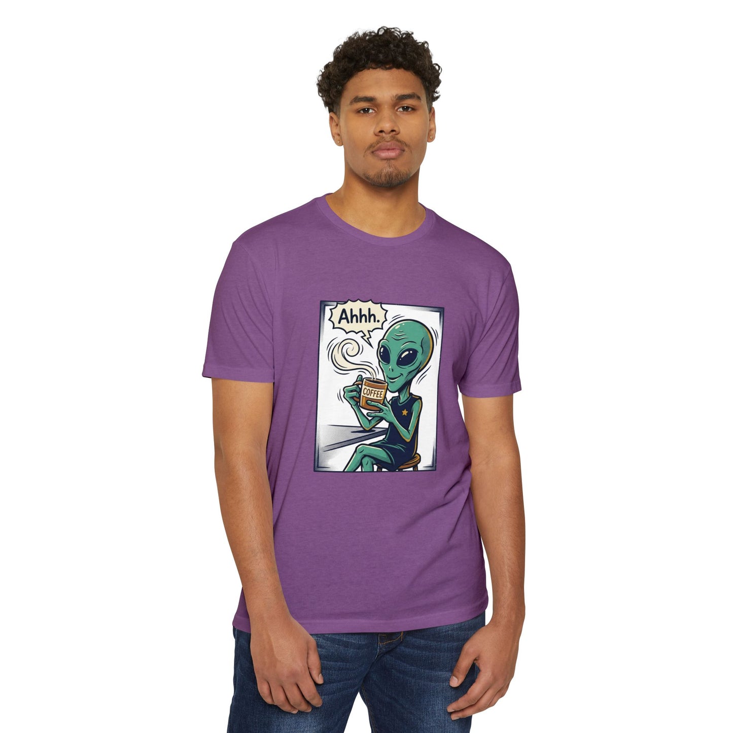 Alien Coffee T-Shirt — "Ahhh" Relaxed Alien Drinking Coffee Graphic Tee
