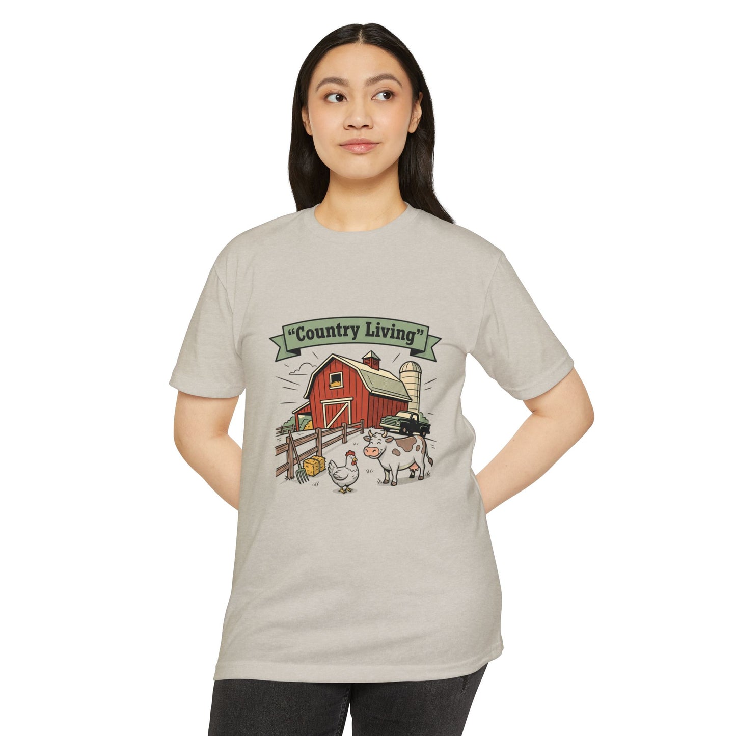 Country Living Farm T-Shirt — Rustic Barn, Cow & Chicken Graphic Tee