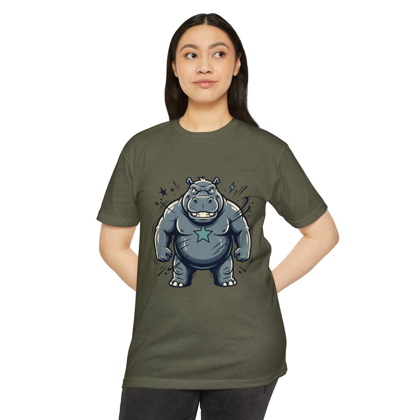 Camiseta Gráfica Hipopótamo Poderoso — Camiseta com Ilustração Fofa de Hipopótamo Forte