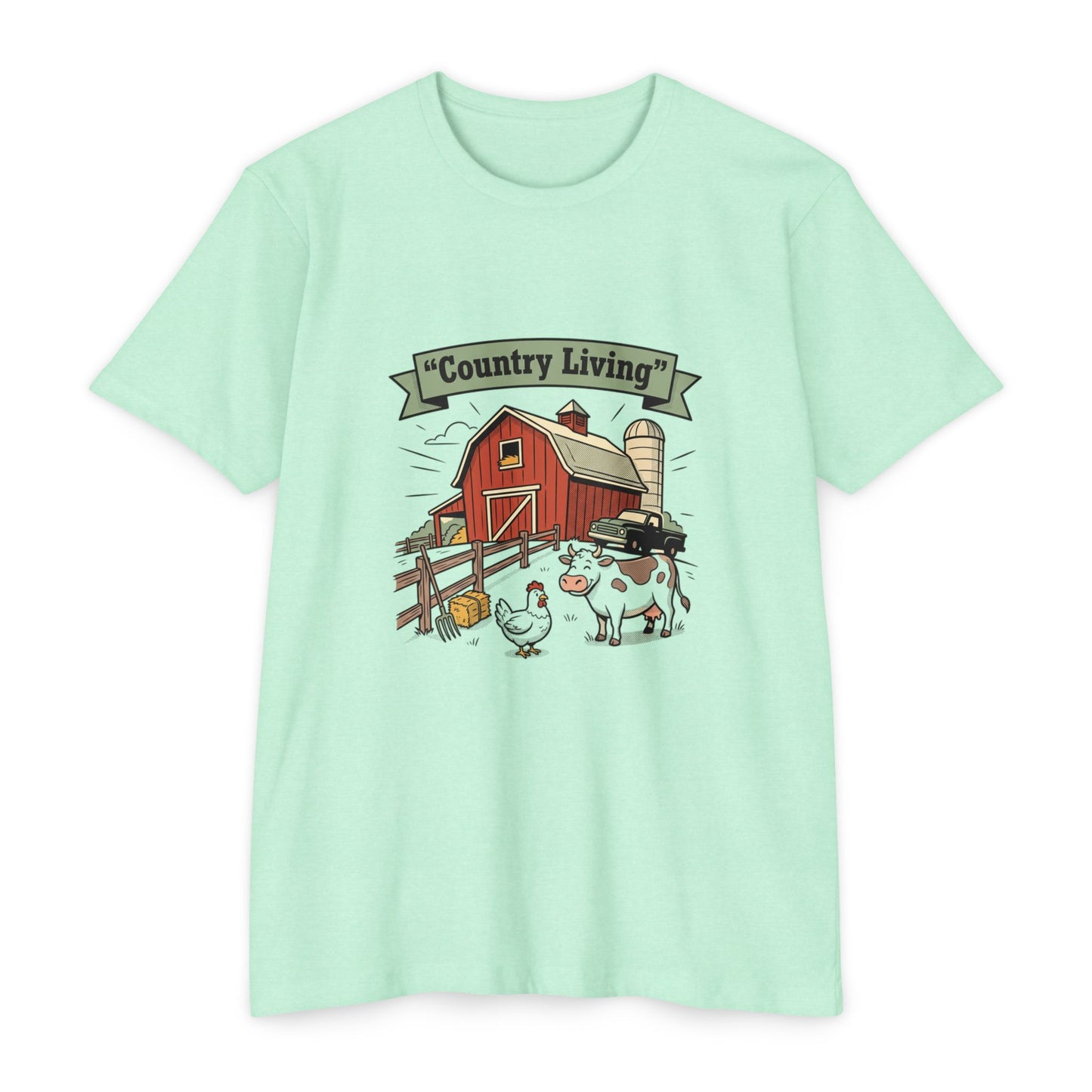 Country Living Farm T-Shirt — Rustic Barn, Cow & Chicken Graphic Tee