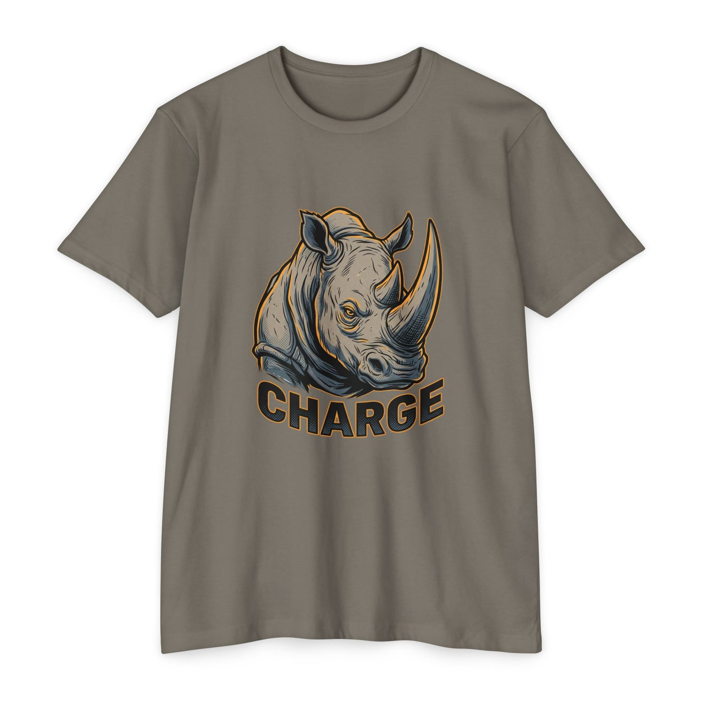 Rhino Charge Graphic T-Shirt — Bold Wildlife Tee with “CHARGE” Design