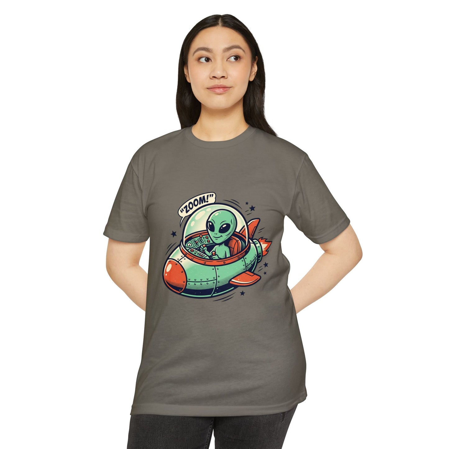 Alien Spaceship T-Shirt — Cute Green Alien Rocket 'Zoom!' Tee