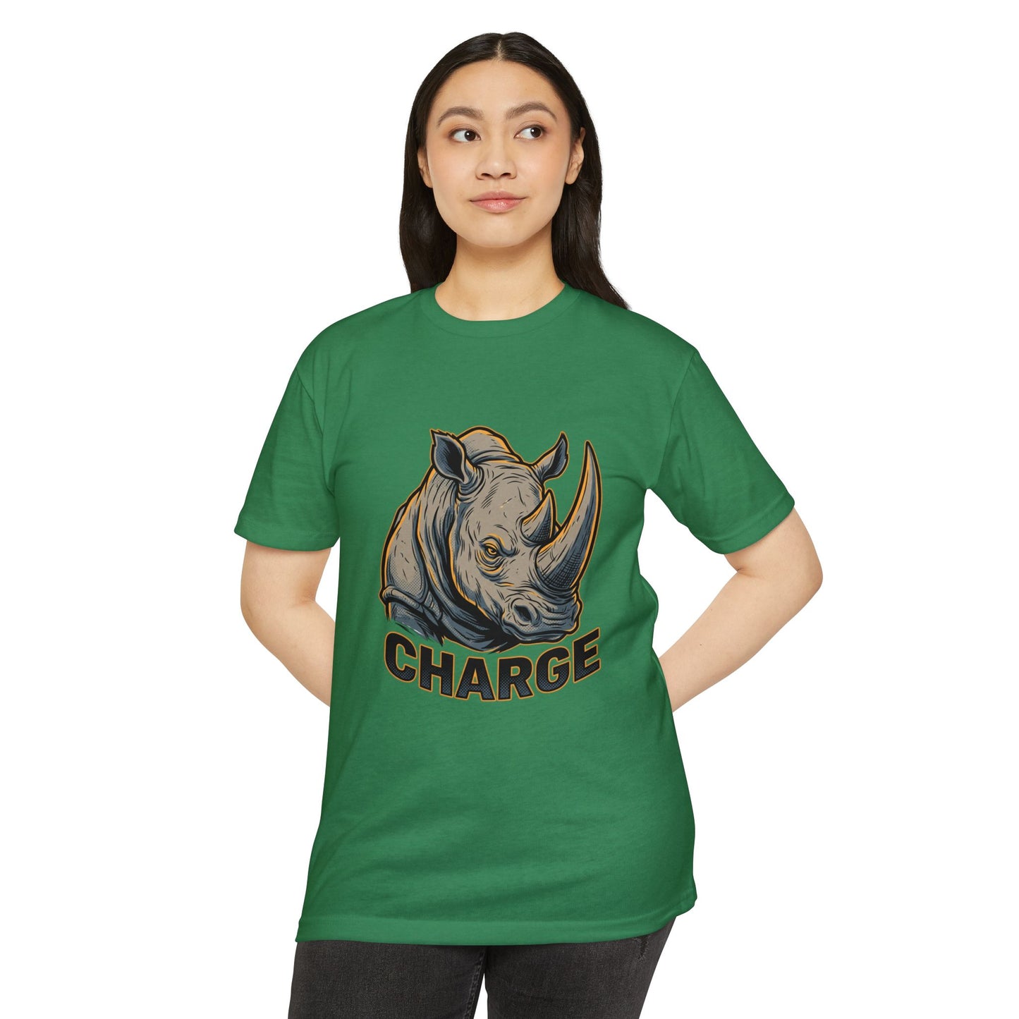 Rhino Charge Graphic T-Shirt — Bold Wildlife Tee with “CHARGE” Design