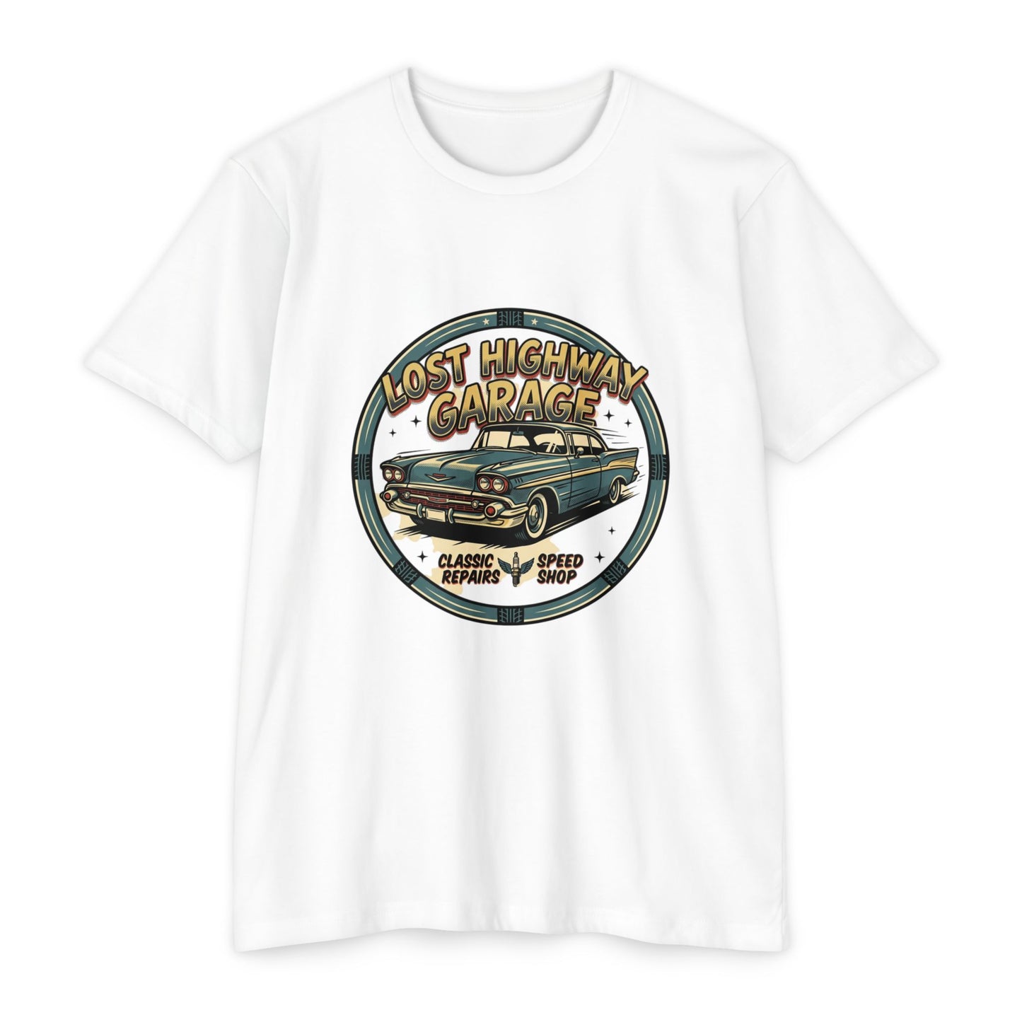Lost Highway Garage Vintage Car T-Shirt — Classic Auto Emblem Tee