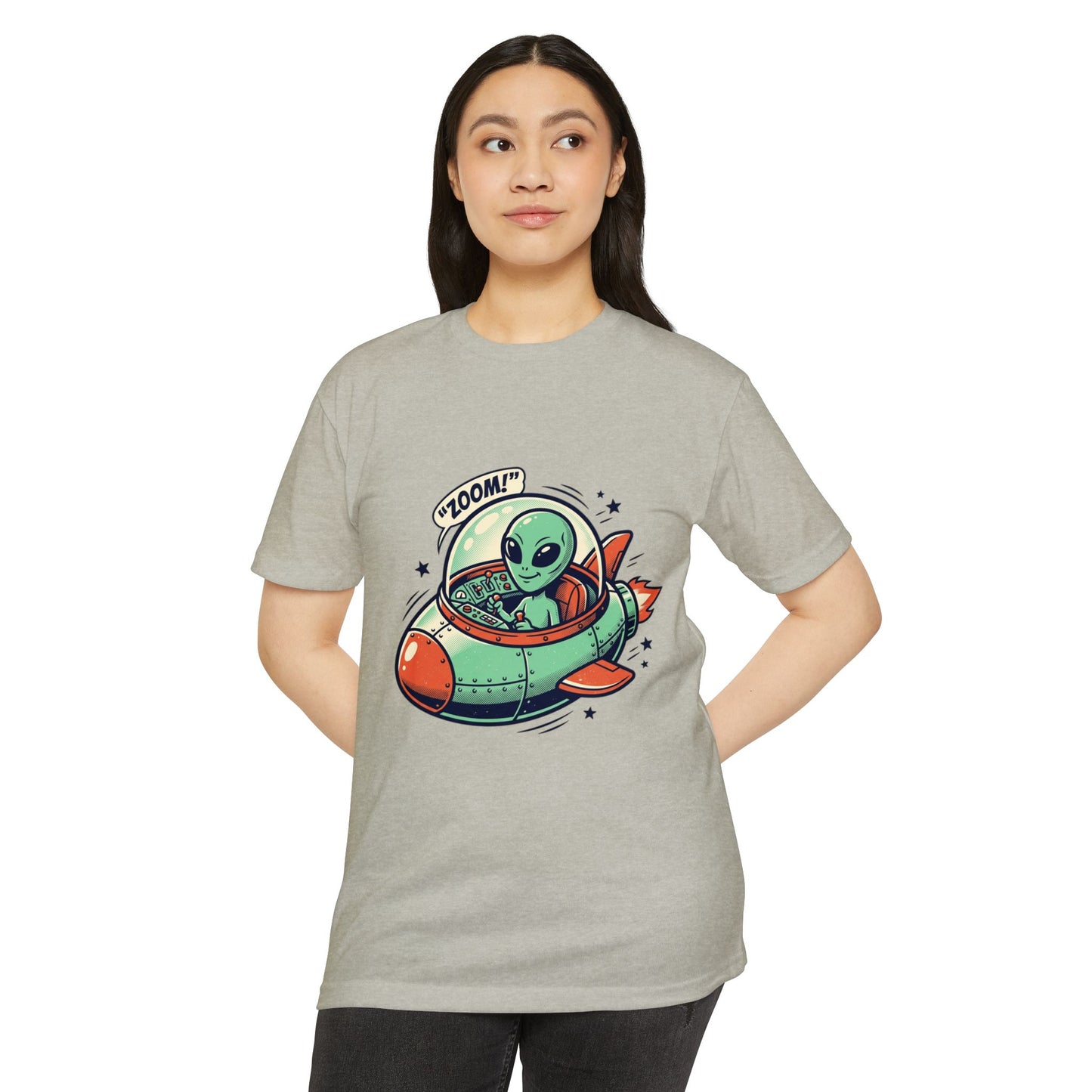 Alien Spaceship T-Shirt — Cute Green Alien Rocket 'Zoom!' Tee