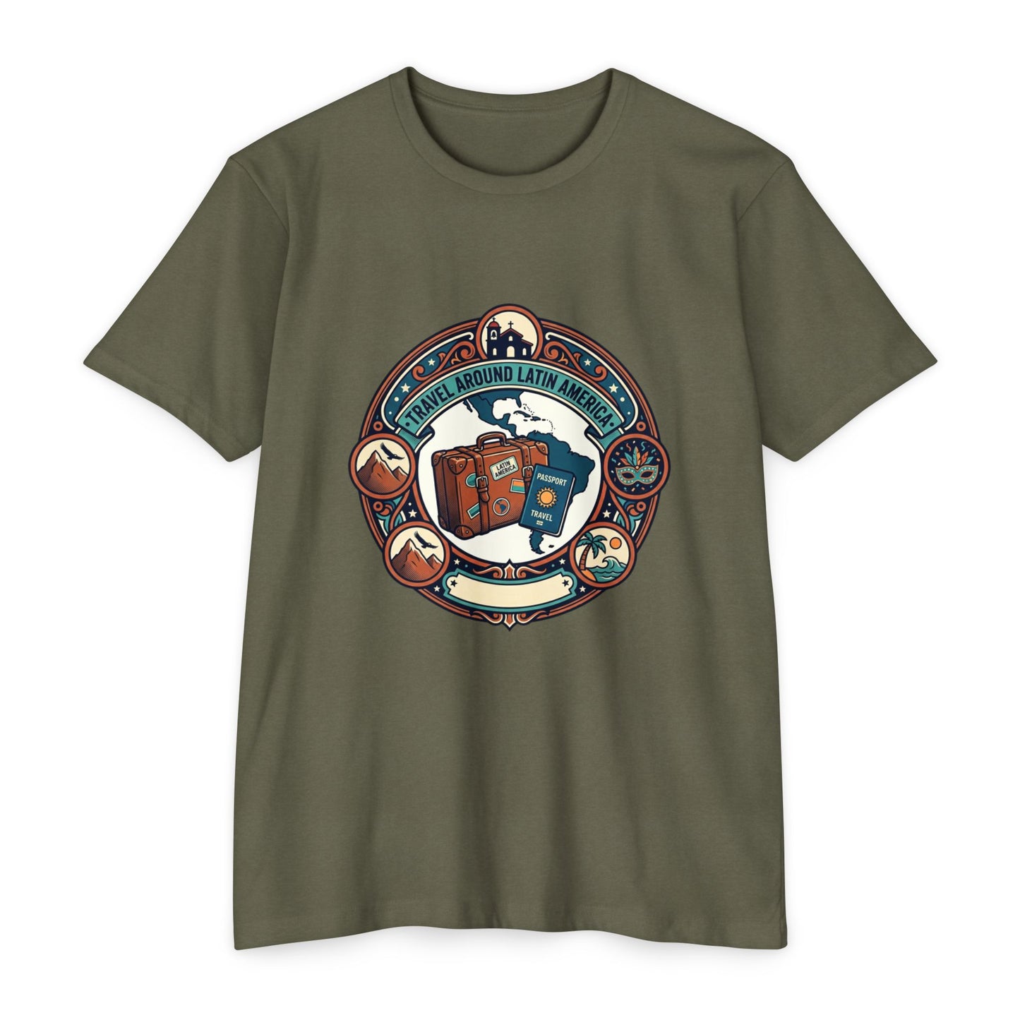Travel Around Latin America T-Shirt — Vintage Suitcase & Adventure Badge