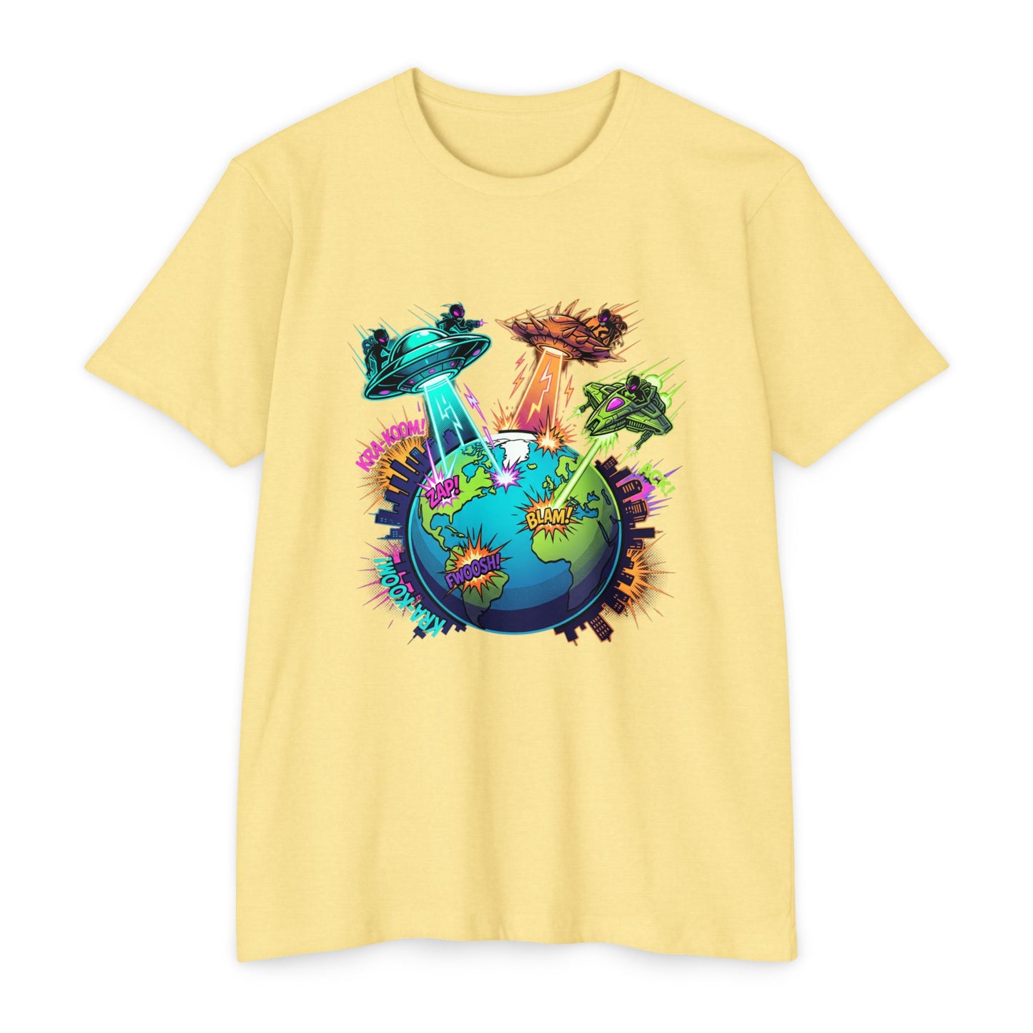 Alien Invasion Earth Graphic T-Shirt — UFOs Abducting Cities Art Tee