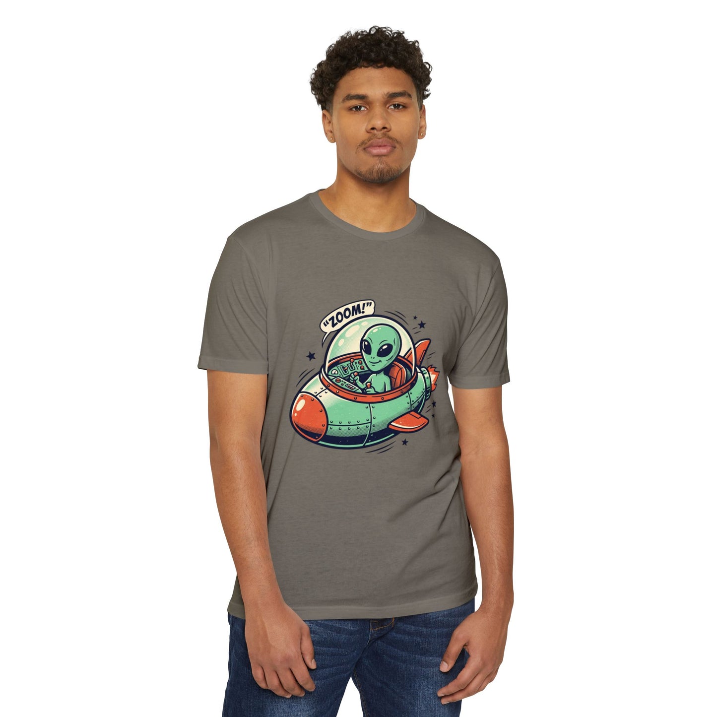 Alien Spaceship T-Shirt — Cute Green Alien Rocket 'Zoom!' Tee