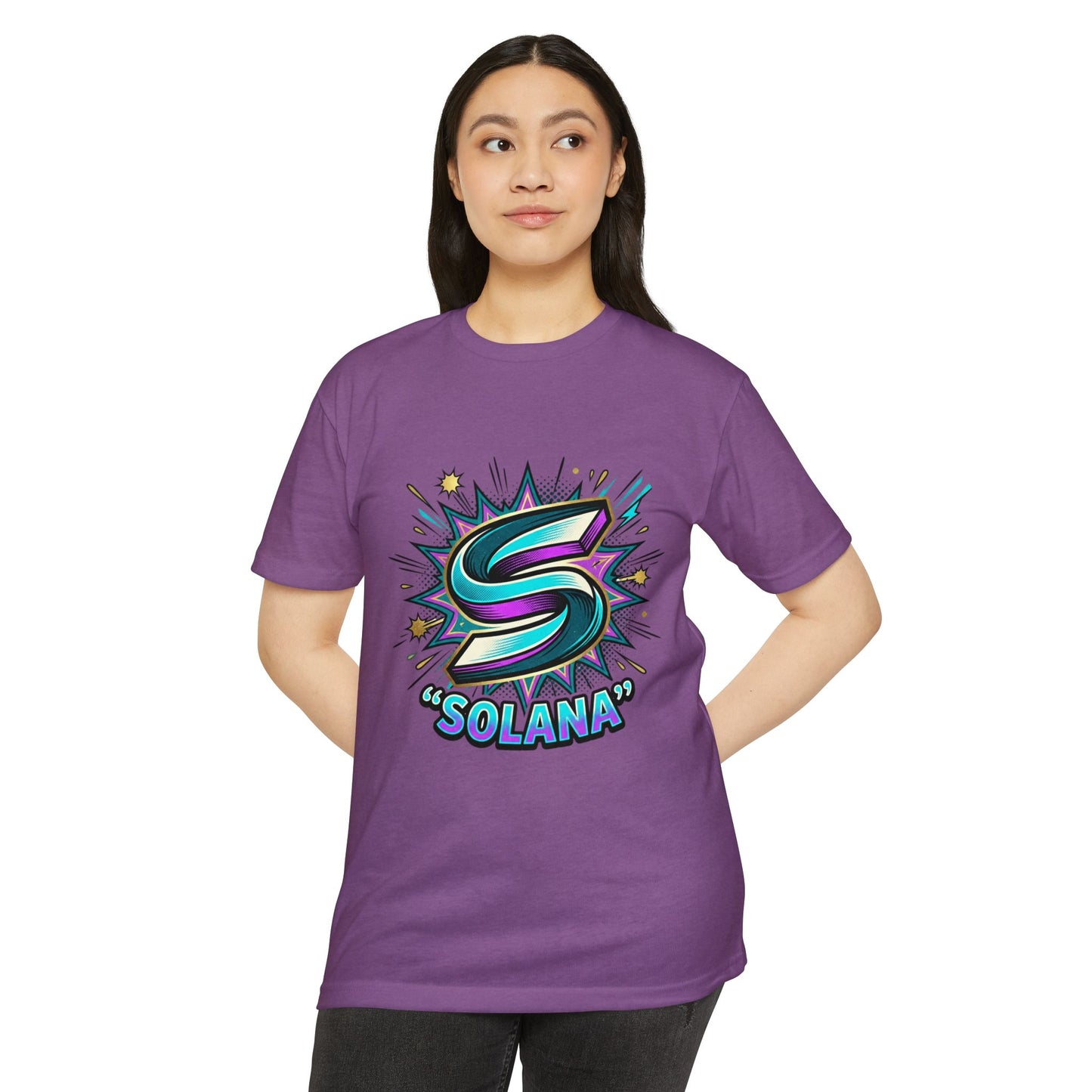 Camiseta com o logotipo Solana Comic — Camiseta Cripto Retrô Gamer