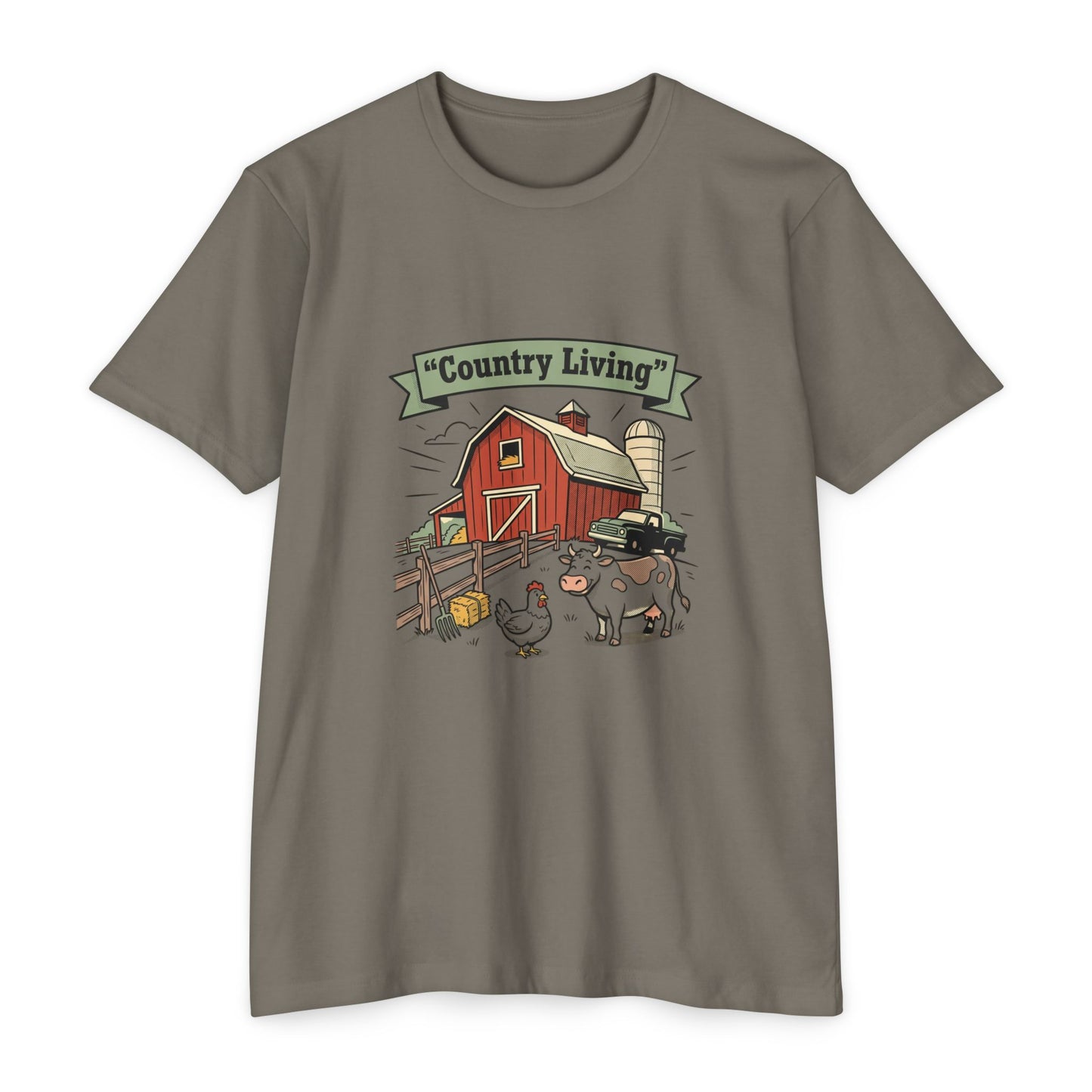 Country Living Farm T-Shirt — Rustic Barn, Cow & Chicken Graphic Tee