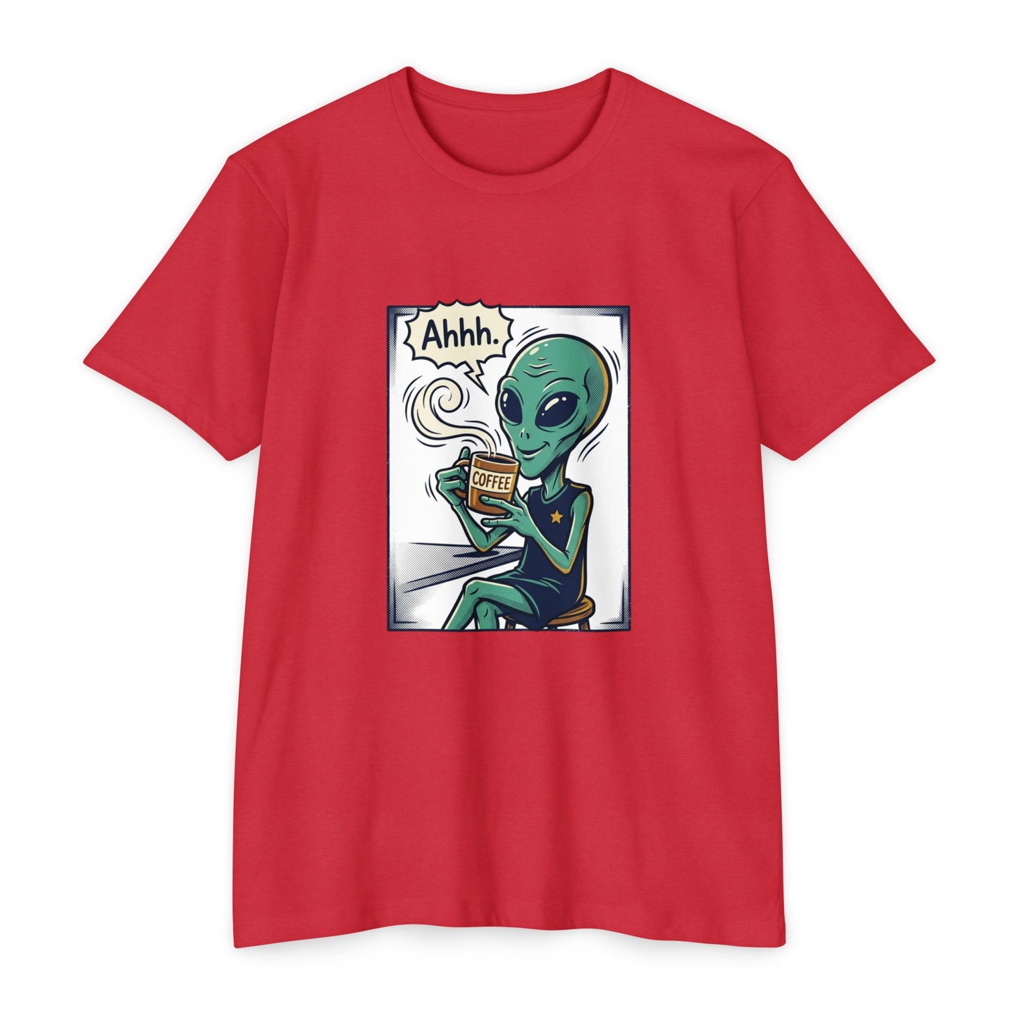 Alien Coffee T-Shirt — "Ahhh" Relaxed Alien Drinking Coffee Graphic Tee