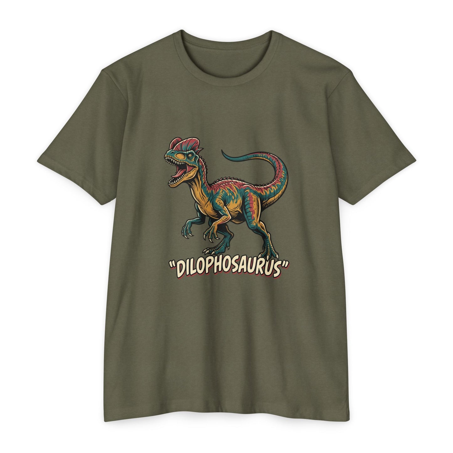 Dilophosaurus Dino T-Shirt — Retro Colorful Dinosaur Graphic Tee