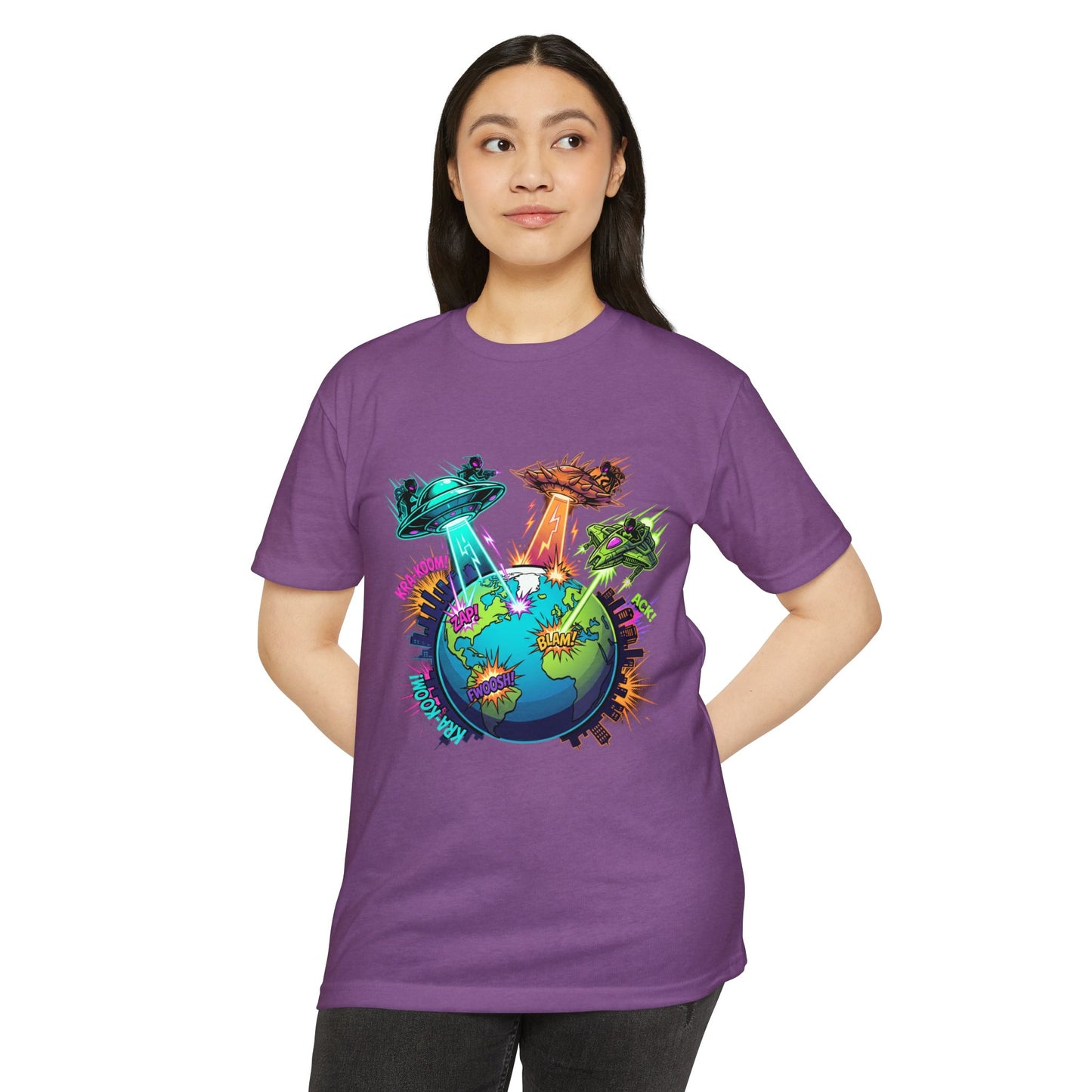 Alien Invasion Earth Graphic T-Shirt — UFOs Abducting Cities Art Tee