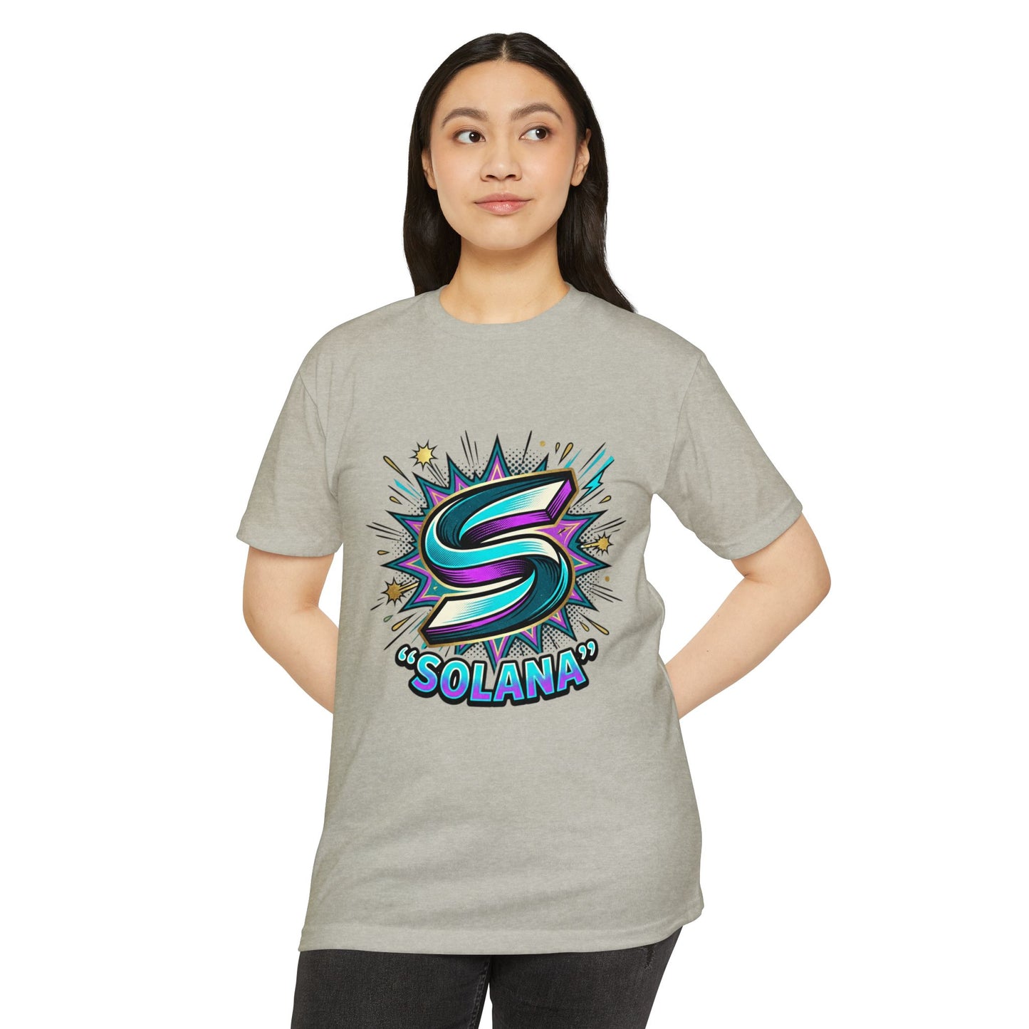 Camiseta com o logotipo Solana Comic — Camiseta Cripto Retrô Gamer