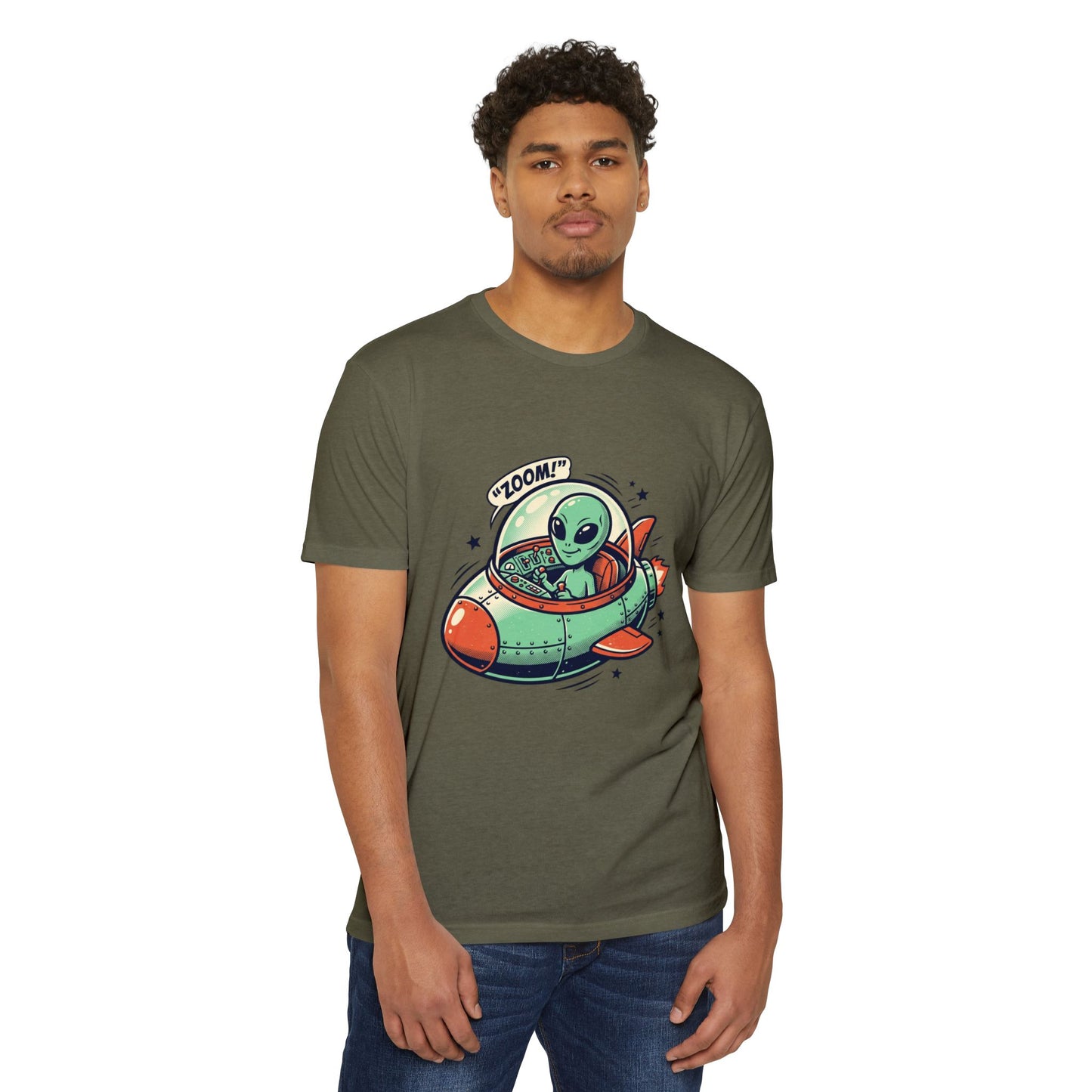 Alien Spaceship T-Shirt — Cute Green Alien Rocket 'Zoom!' Tee