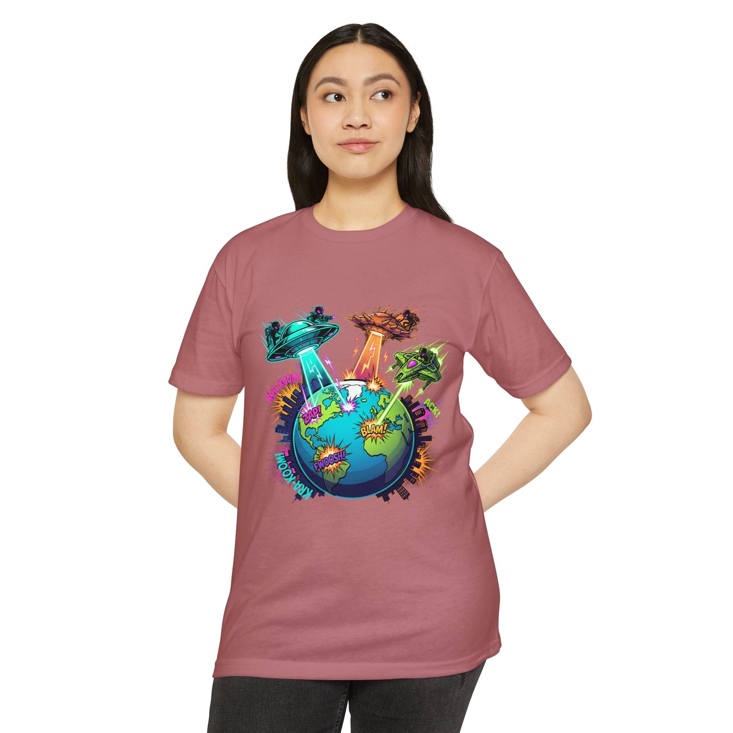 Alien Invasion Earth Graphic T-Shirt — UFOs Abducting Cities Art Tee