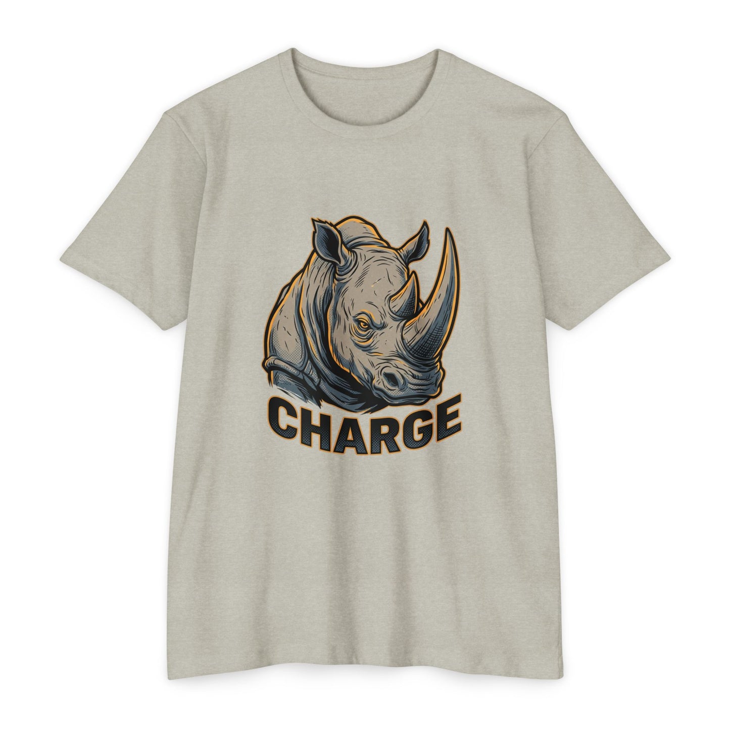 Rhino Charge Graphic T-Shirt — Bold Wildlife Tee with “CHARGE” Design