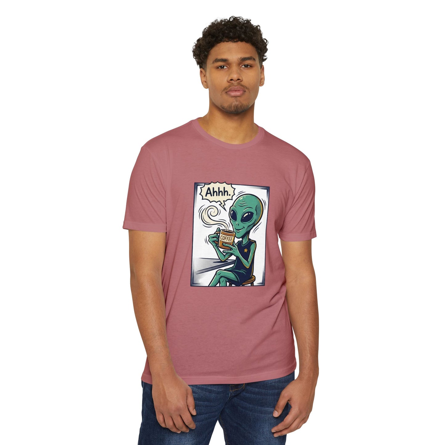 Alien Coffee T-Shirt — "Ahhh" Relaxed Alien Drinking Coffee Graphic Tee
