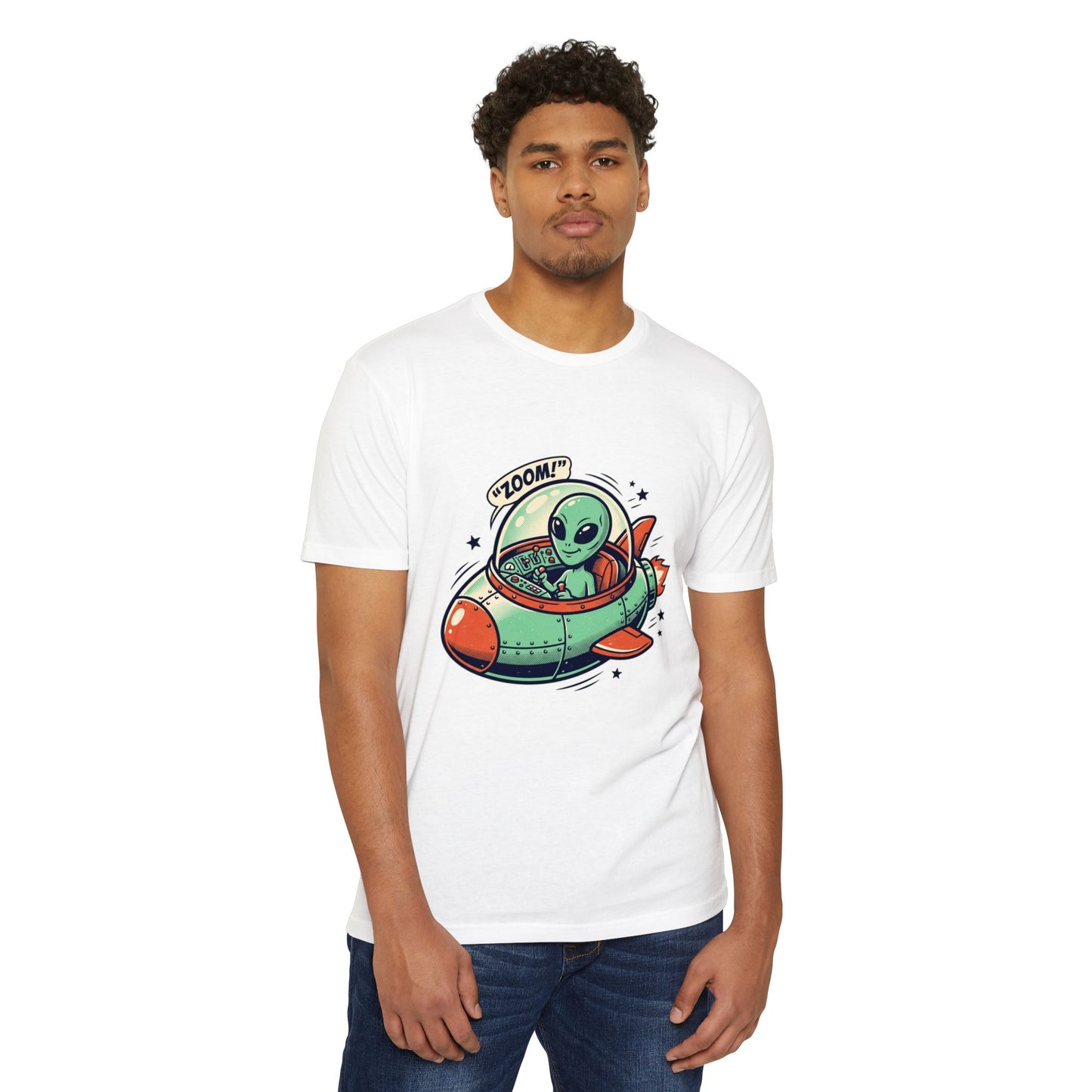 Alien Spaceship T-Shirt — Cute Green Alien Rocket 'Zoom!' Tee