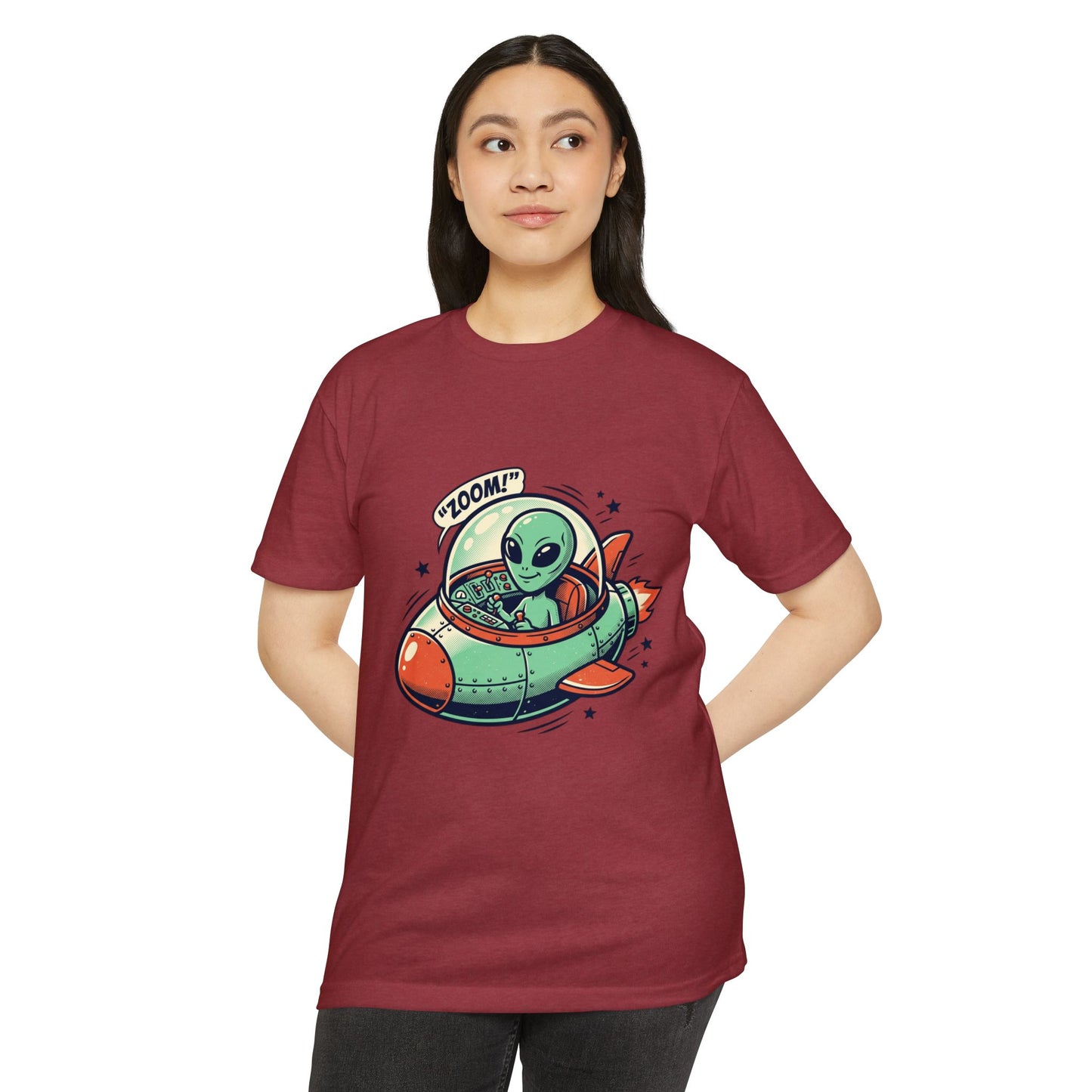 Alien Spaceship T-Shirt — Cute Green Alien Rocket 'Zoom!' Tee