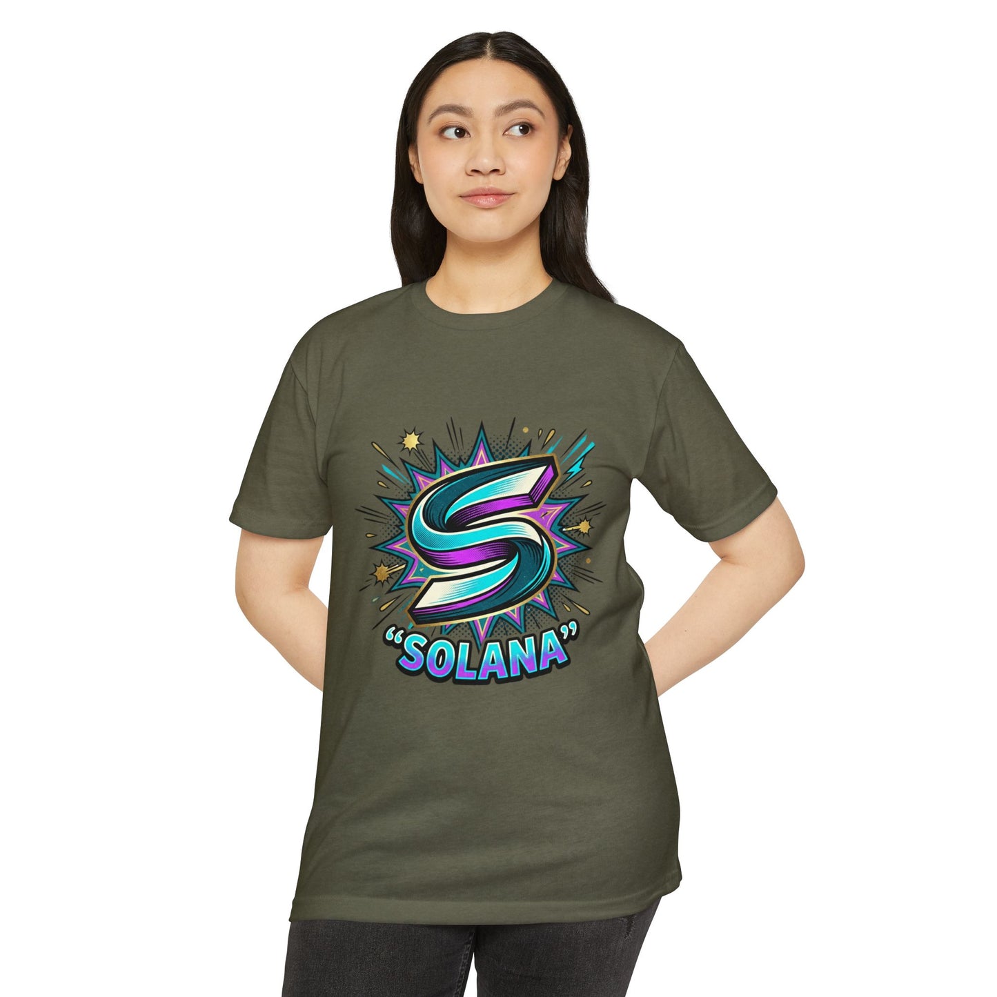 Camiseta com o logotipo Solana Comic — Camiseta Cripto Retrô Gamer