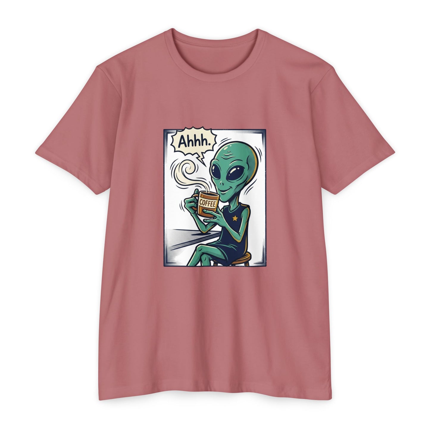 Alien Coffee T-Shirt — "Ahhh" Relaxed Alien Drinking Coffee Graphic Tee