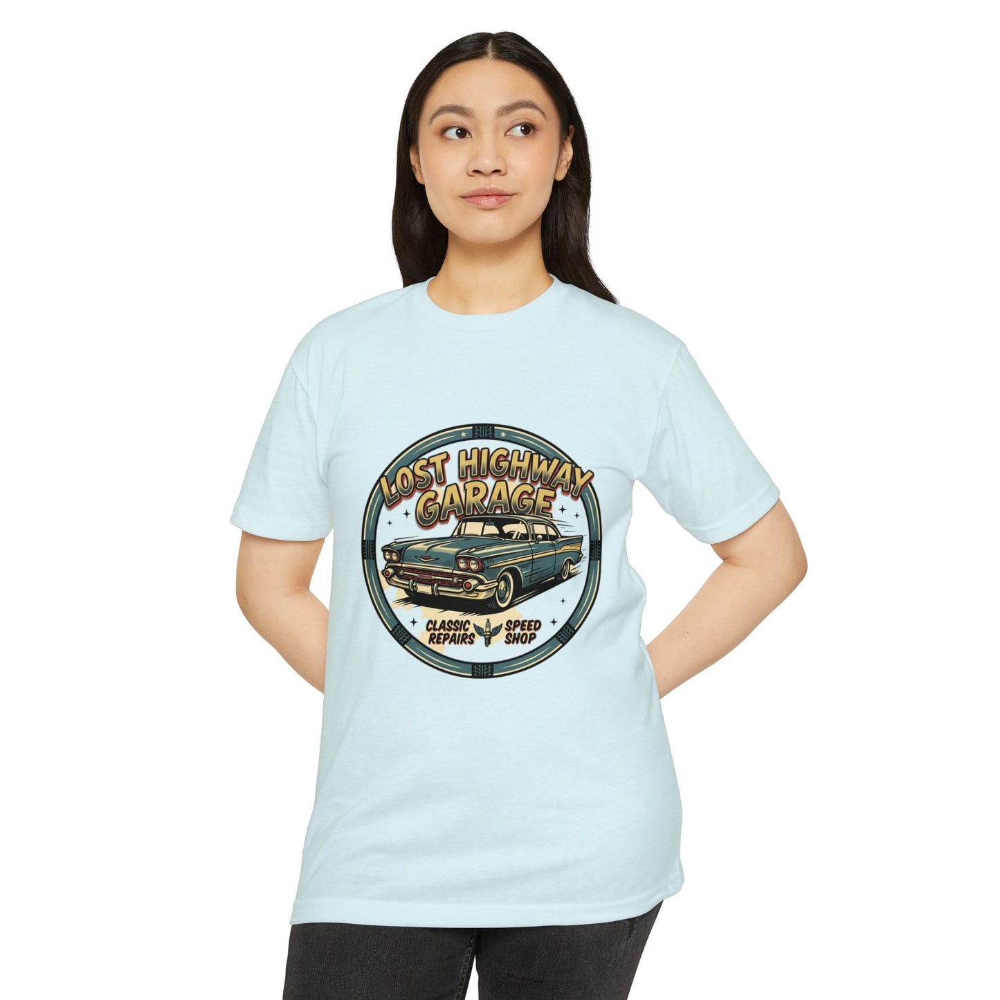Lost Highway Garage Vintage Car T-Shirt — Classic Auto Emblem Tee
