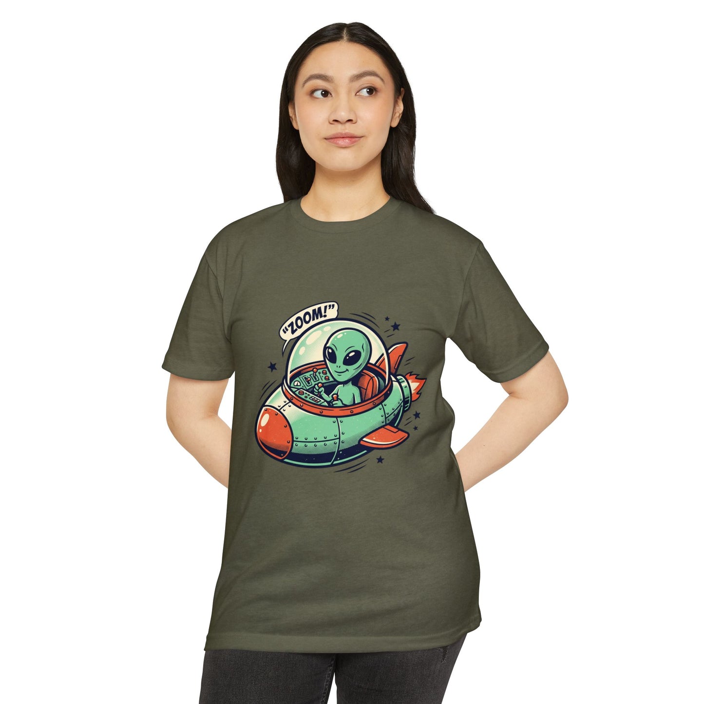 Alien Spaceship T-Shirt — Cute Green Alien Rocket 'Zoom!' Tee