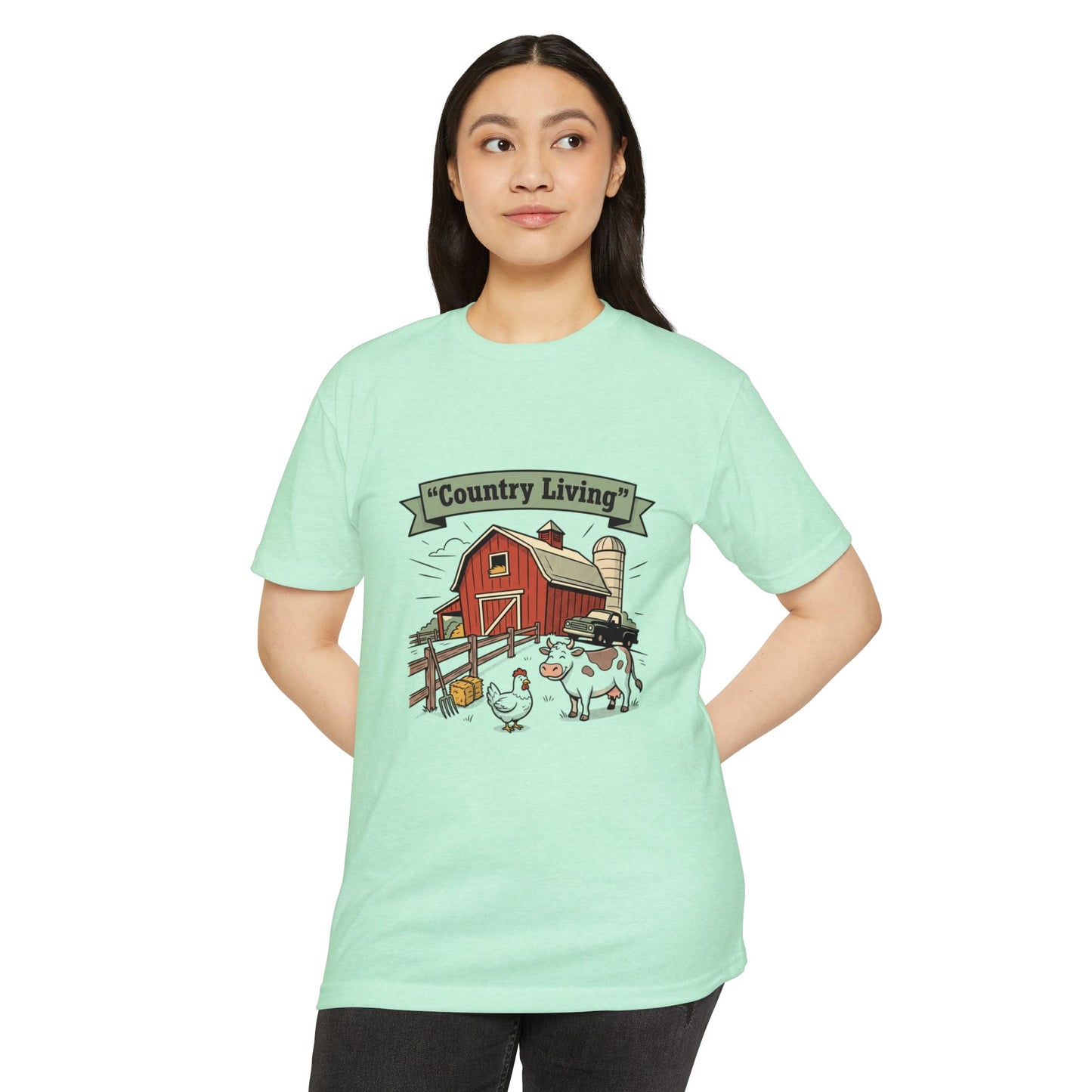 Country Living Farm T-Shirt — Rustic Barn, Cow & Chicken Graphic Tee