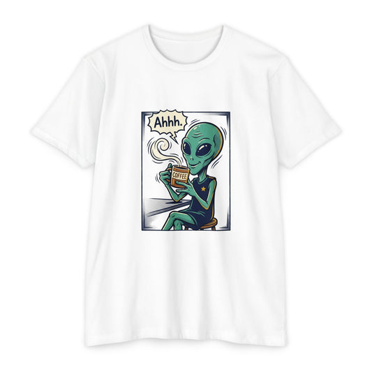 Alien Coffee T-Shirt — "Ahhh" Relaxed Alien Drinking Coffee Graphic Tee