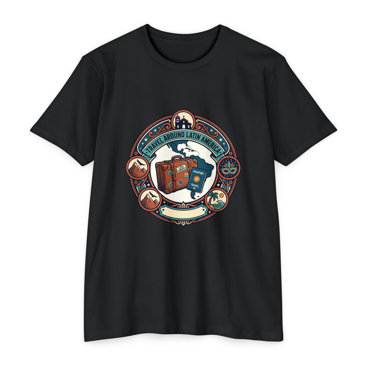 Travel Around Latin America T-Shirt — Vintage Suitcase & Adventure Badge
