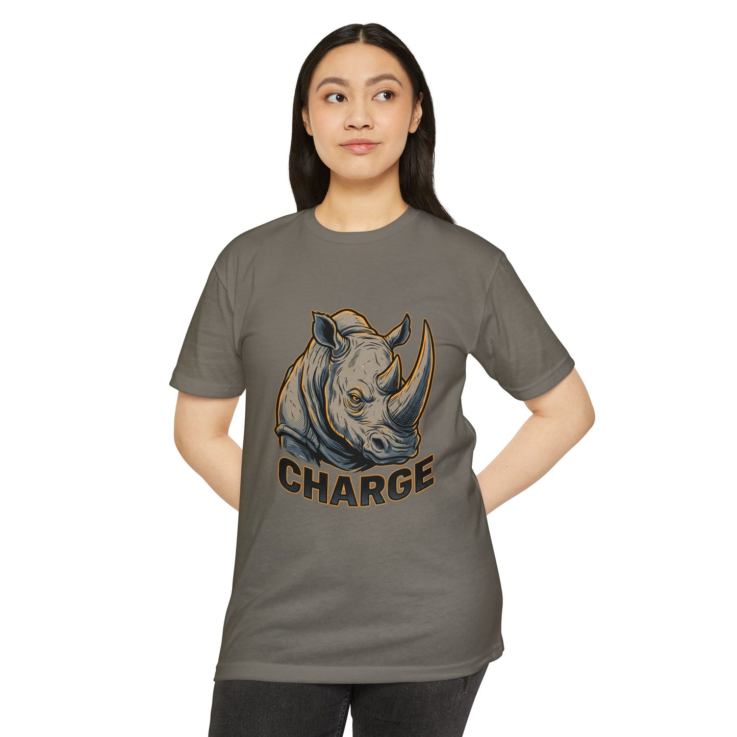 Rhino Charge Graphic T-Shirt — Bold Wildlife Tee with “CHARGE” Design