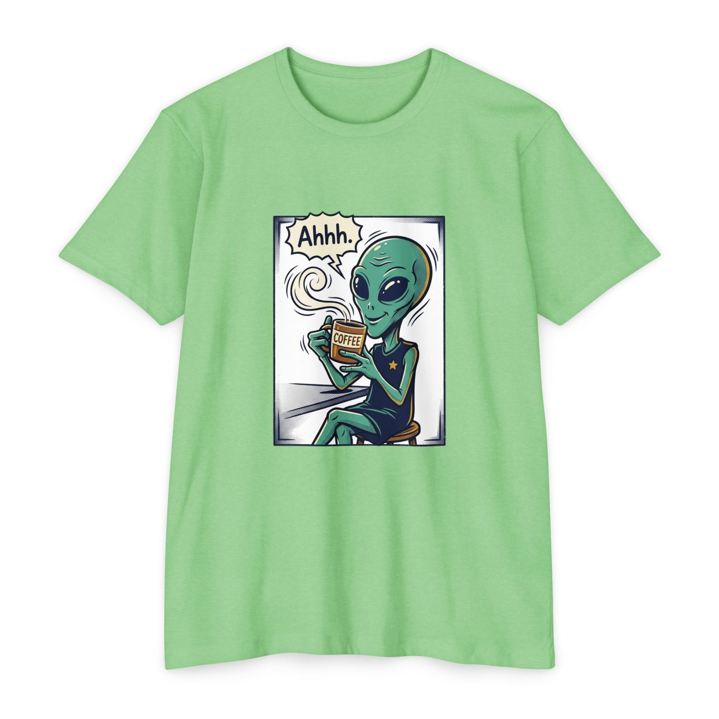 Alien Coffee T-Shirt — "Ahhh" Relaxed Alien Drinking Coffee Graphic Tee