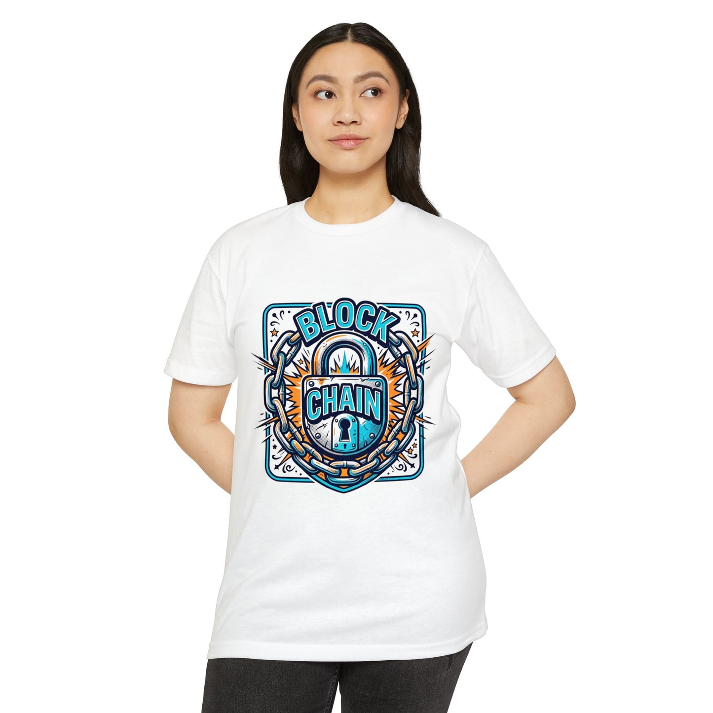 Camiseta Blockchain Shield — Camiseta retro con gráfico de candado y cadena de criptomonedas