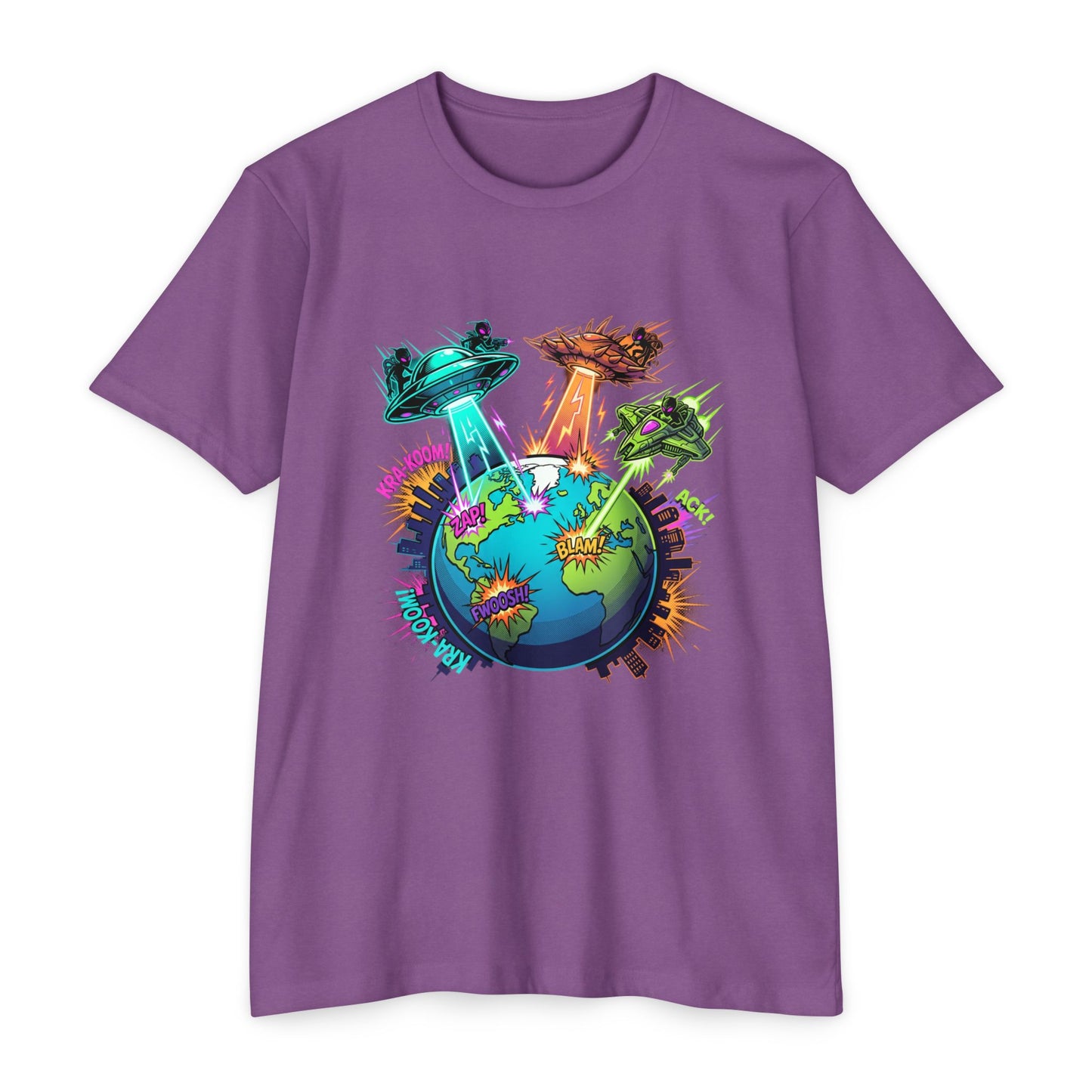Alien Invasion Earth Graphic T-Shirt — UFOs Abducting Cities Art Tee
