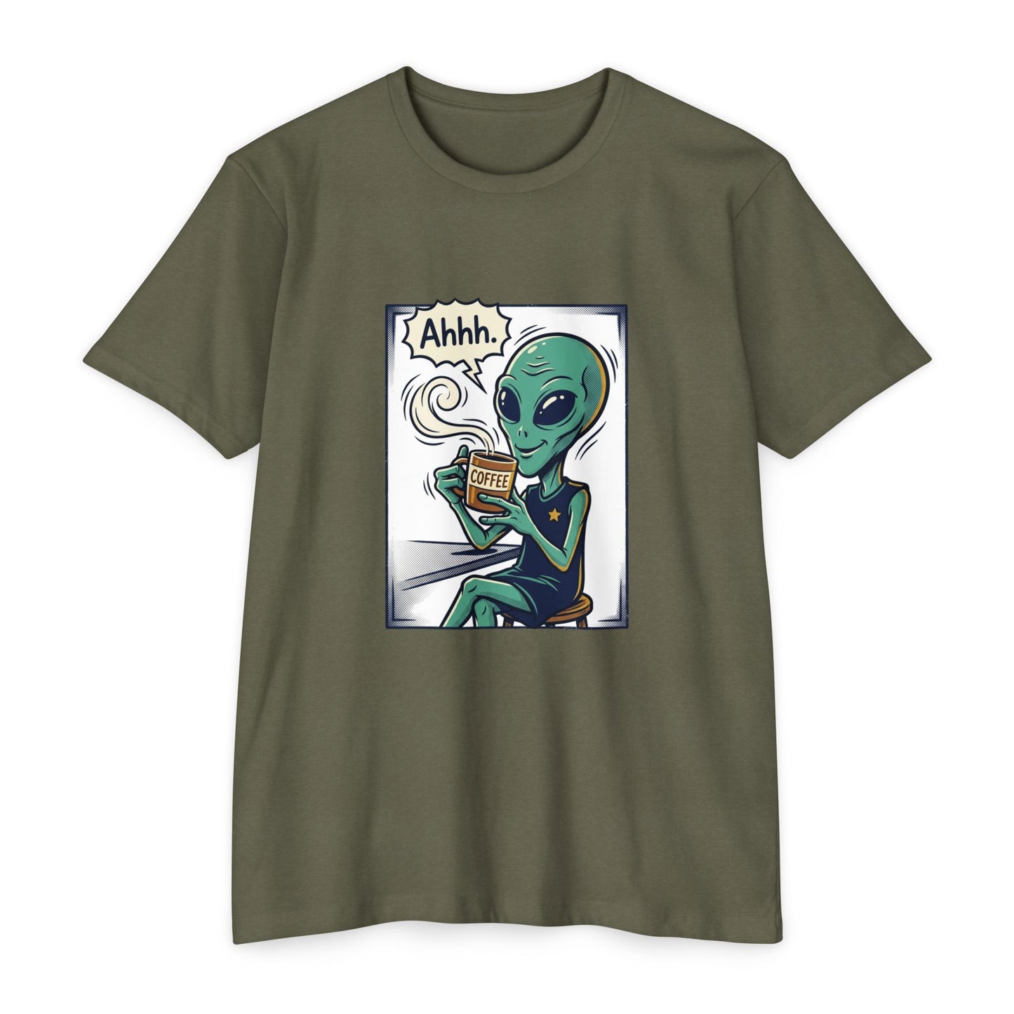 Alien Coffee T-Shirt — "Ahhh" Relaxed Alien Drinking Coffee Graphic Tee