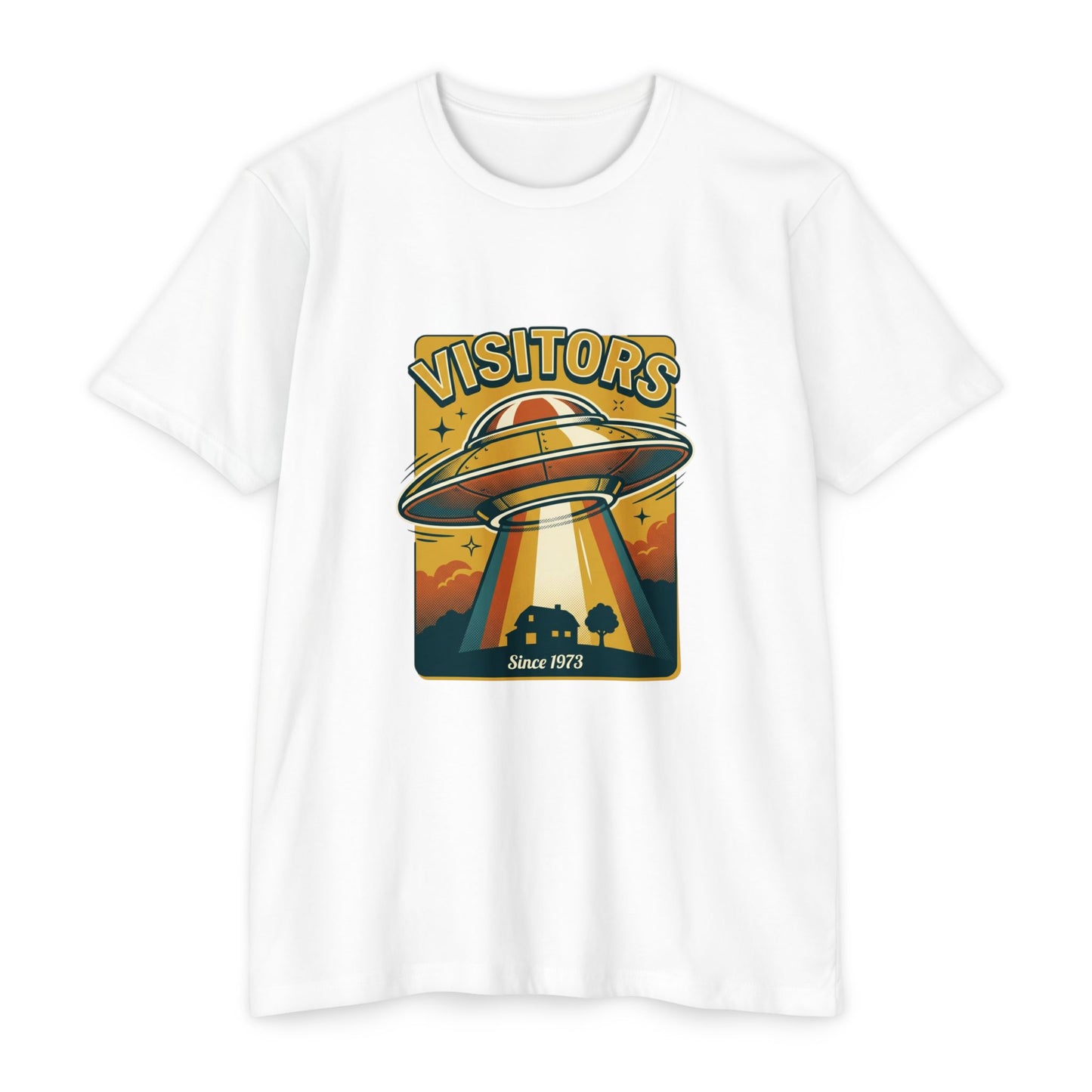 Visitors UFO Graphic T-Shirt — Retro Alien Abduction Design