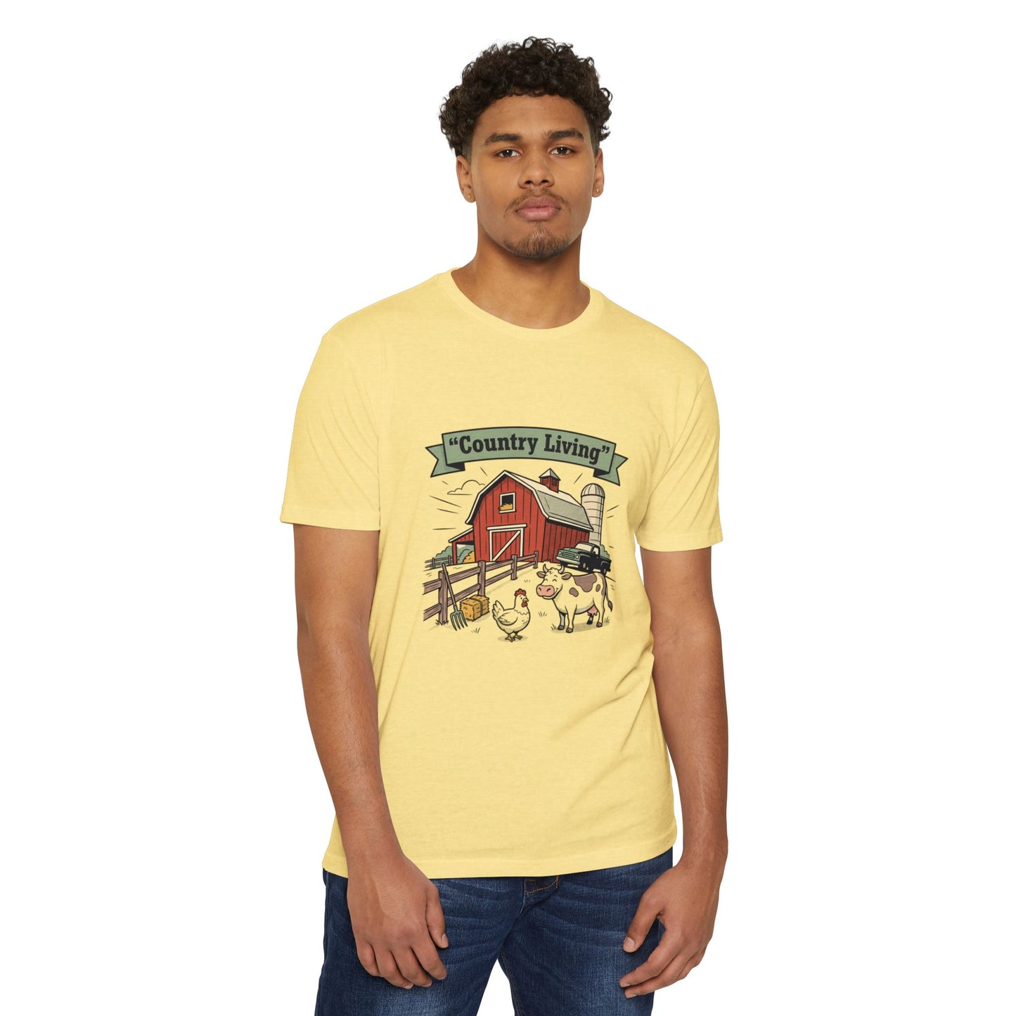 Country Living Farm T-Shirt — Rustic Barn, Cow & Chicken Graphic Tee
