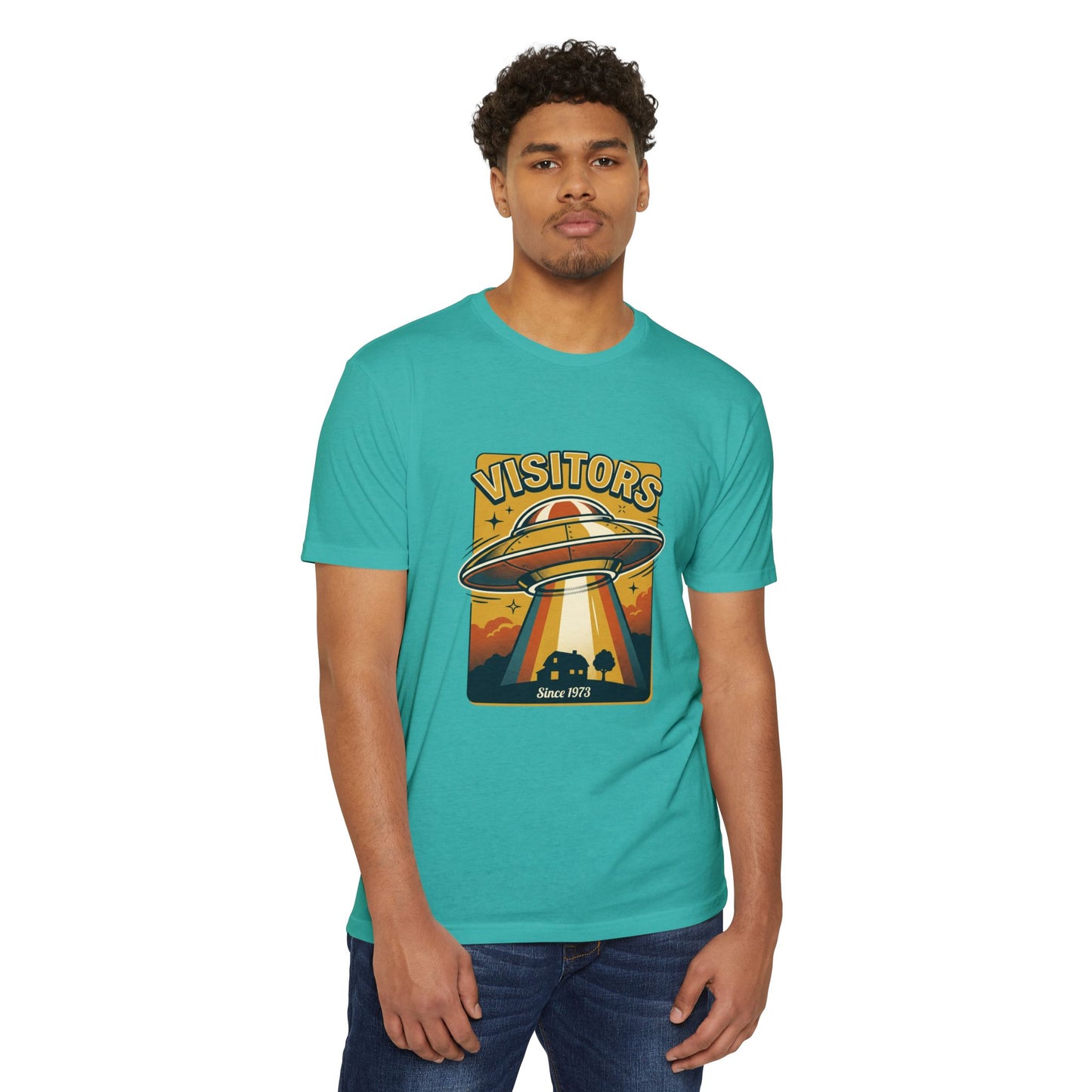 Visitors UFO Graphic T-Shirt — Retro Alien Abduction Design